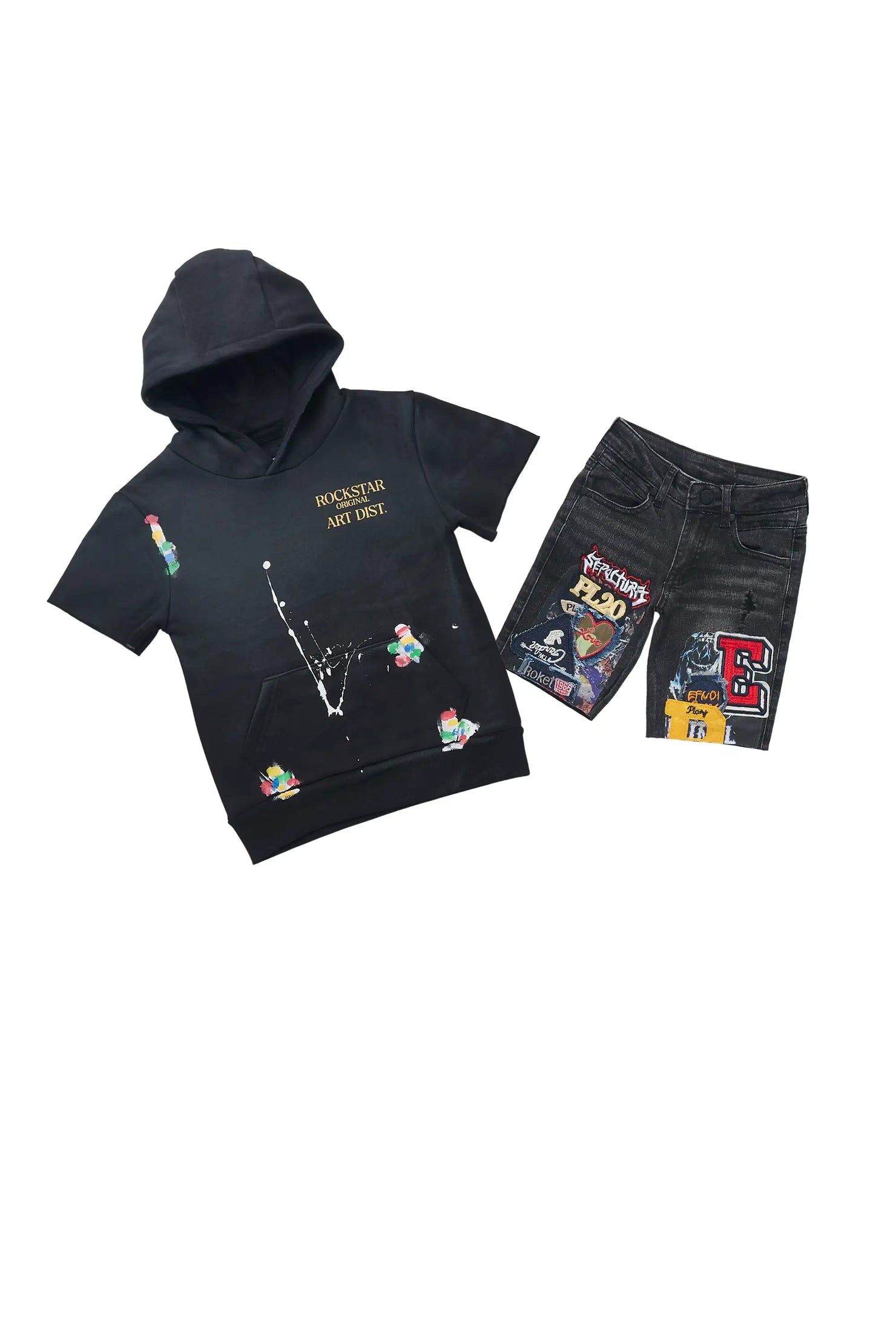 Girls Mussa Black Hooded Denim Short Set