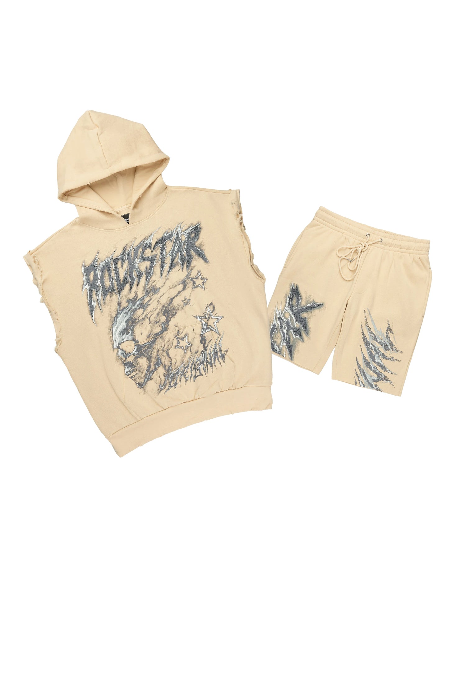 Jantra Beige Cut Sleeve Hoodie Short Set