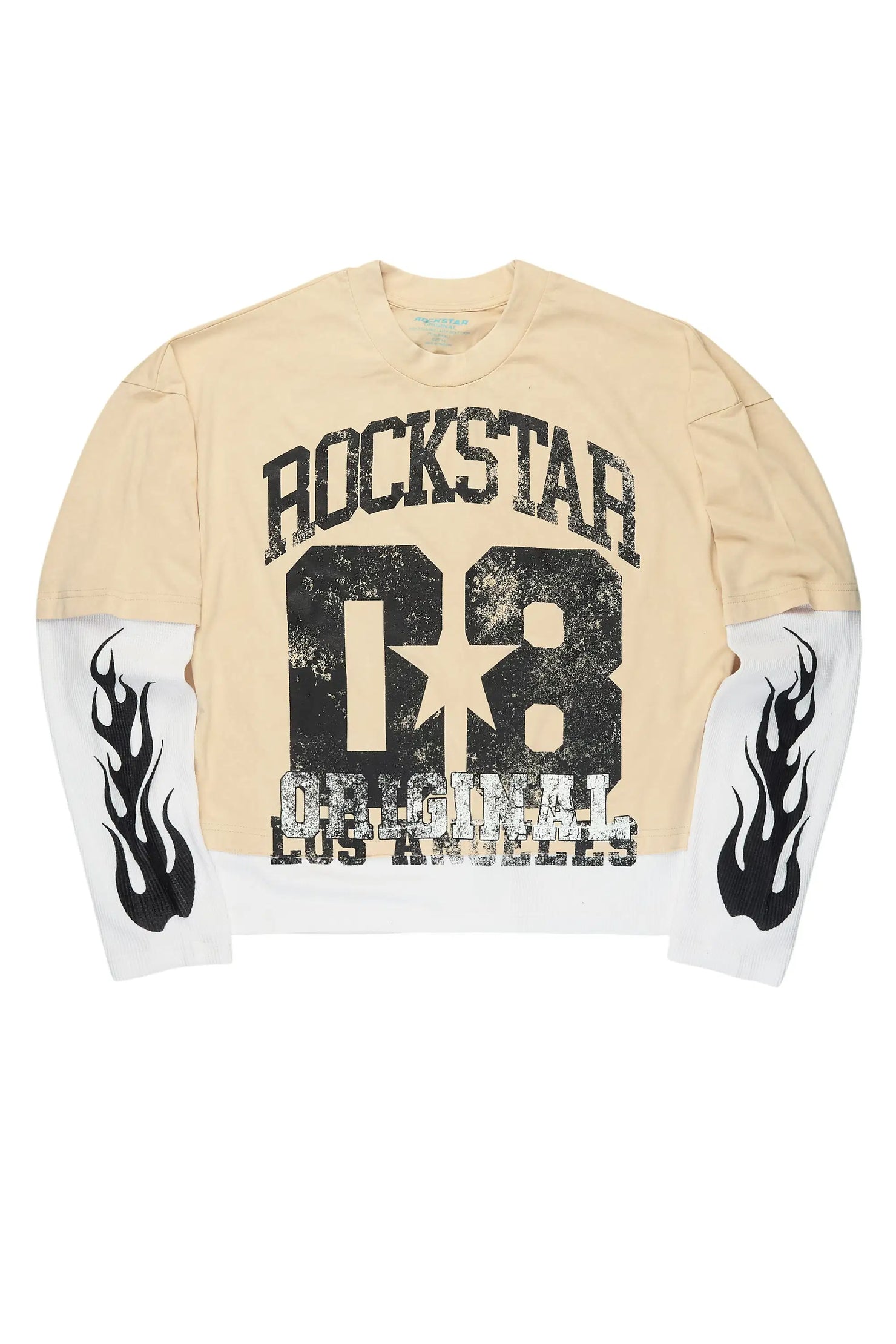 Flamur Beige/Black Double Layer Long Sleeve Graphic T-Shirt