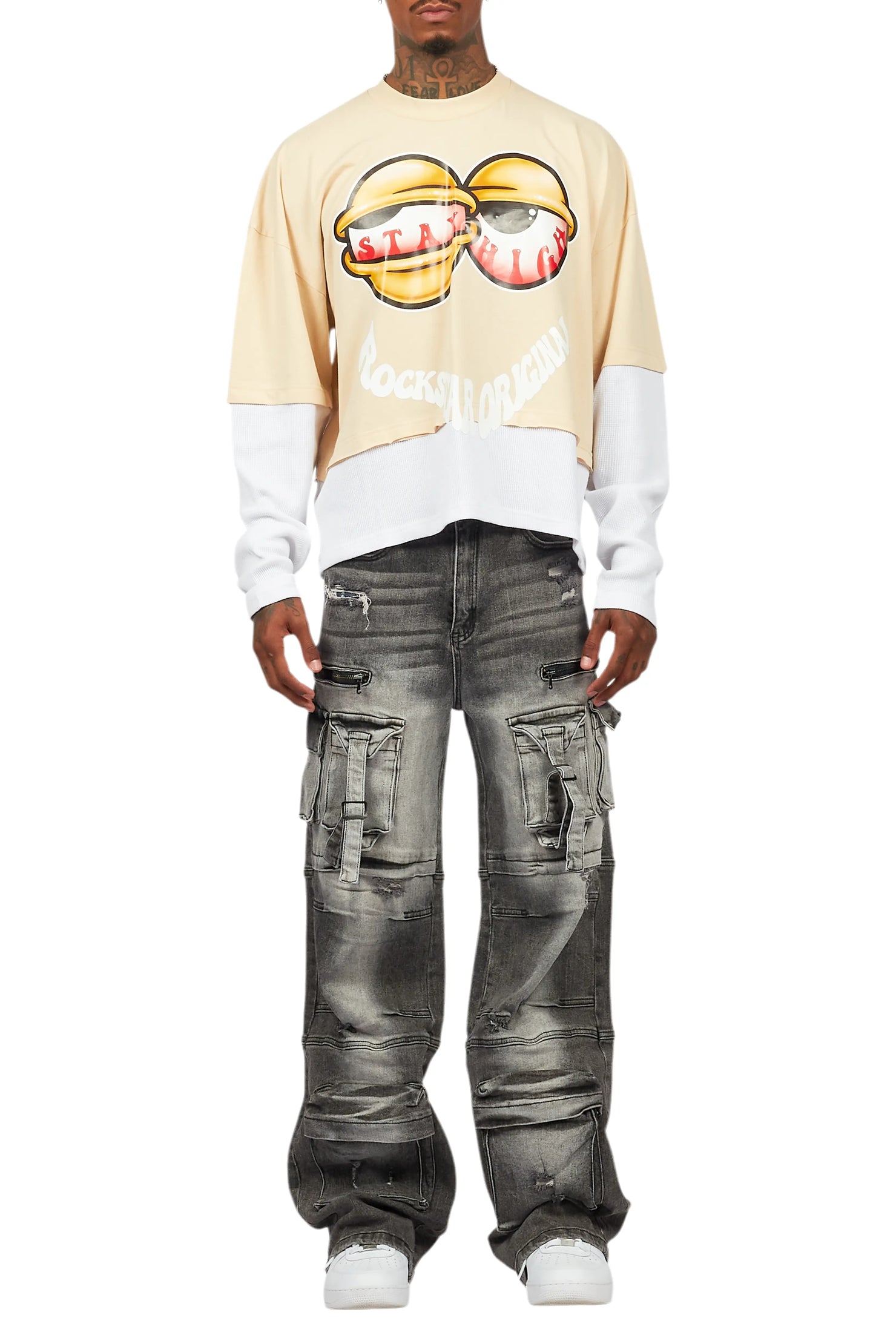 Highya Vintage Sand Thermal Double Layer Boxy Crop T-Shirt