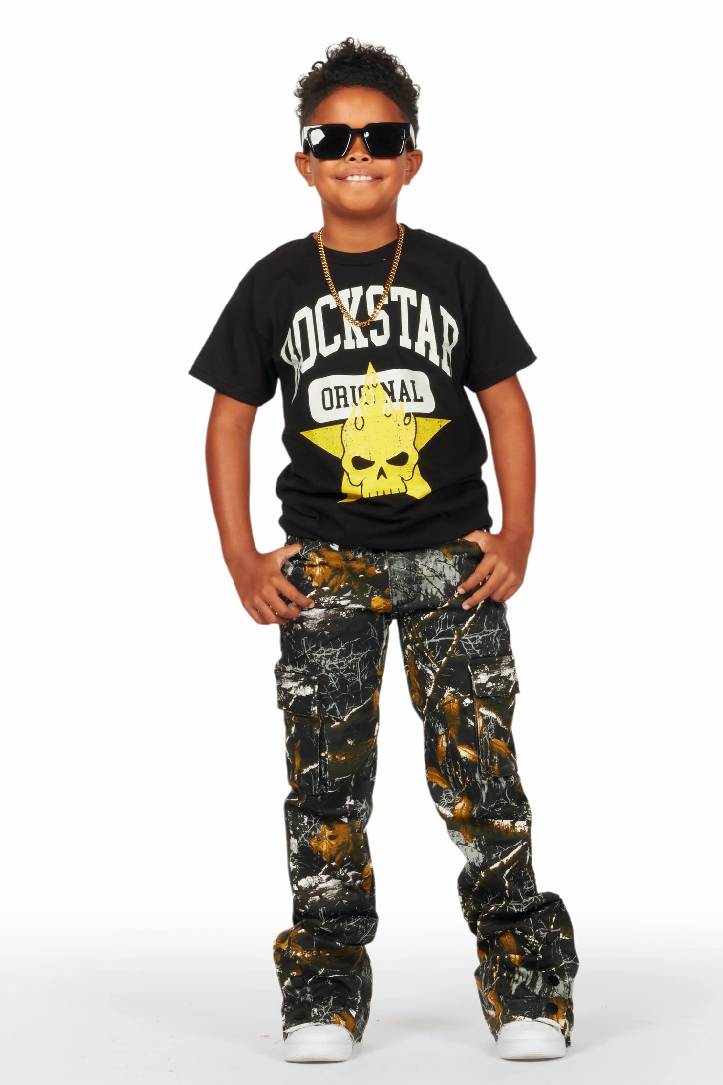 Boys Waage Black Tree Camo Stacked Flare Cargo Jean