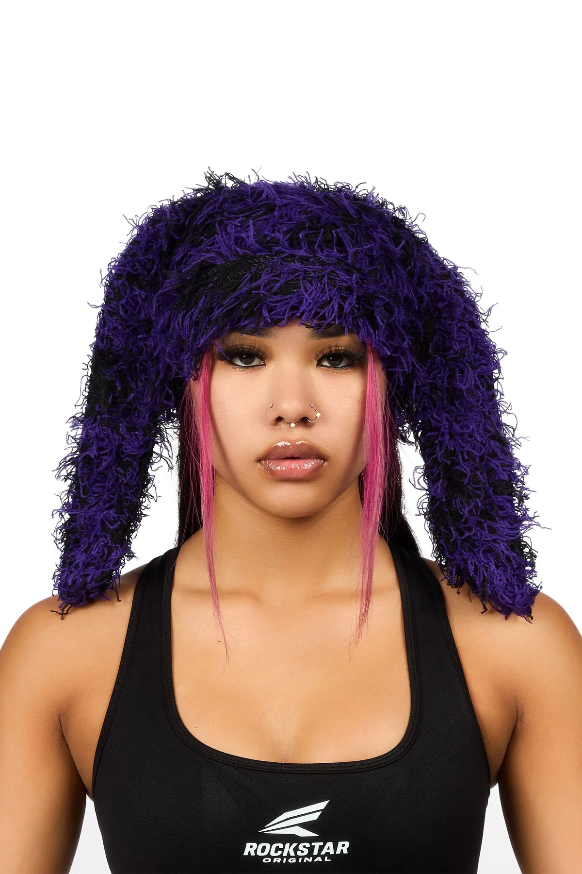 Joetta Black/Purple Fuzzy Long Ear Flap Beanie