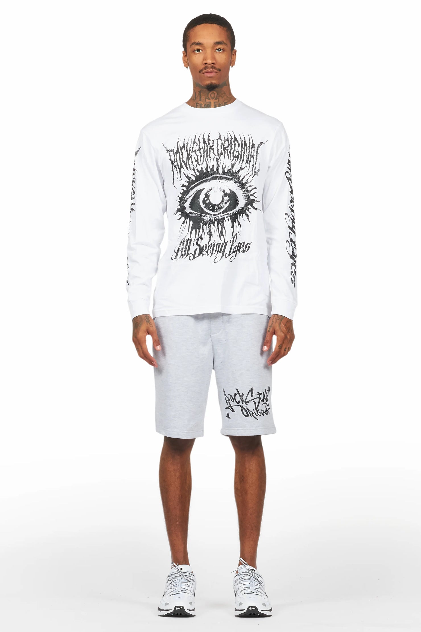 All Seeing Eyes White/Grey Long Sleeve T-Shirt Short Set