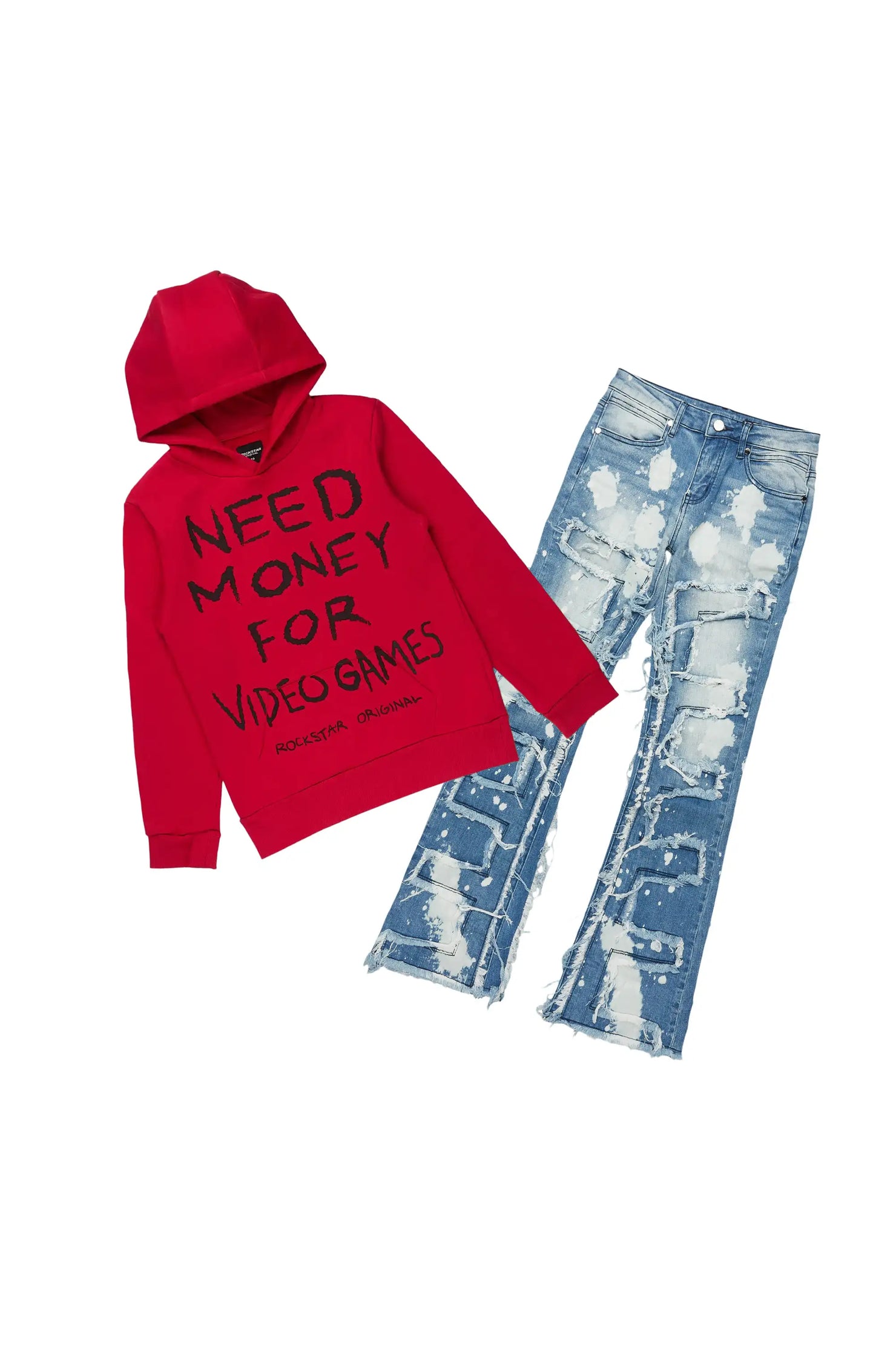 Boys M4 Video Games Red Hoodie/Stacked Jean Set