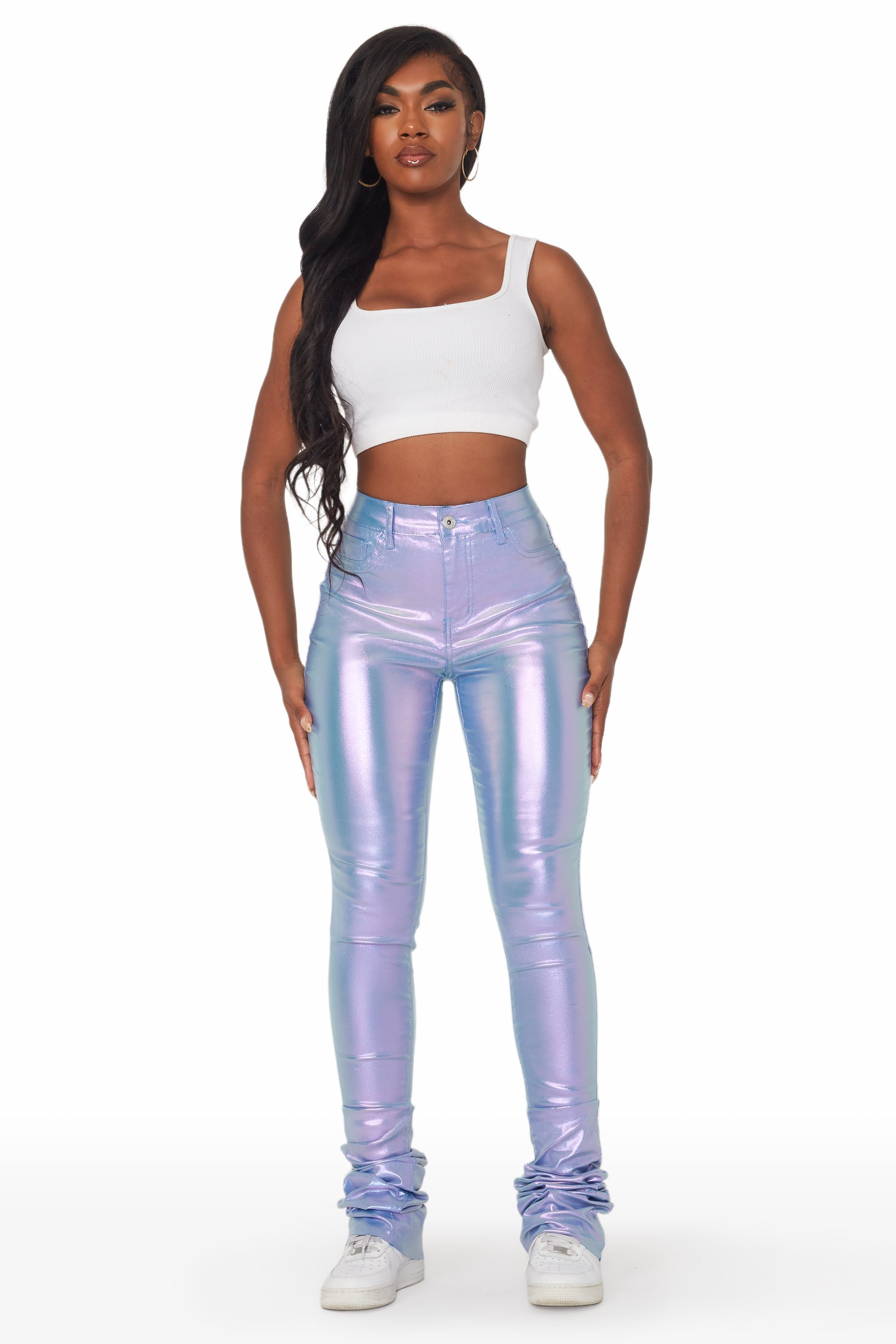 Zaniyah Metallic Purple PU Super Stacked Pant