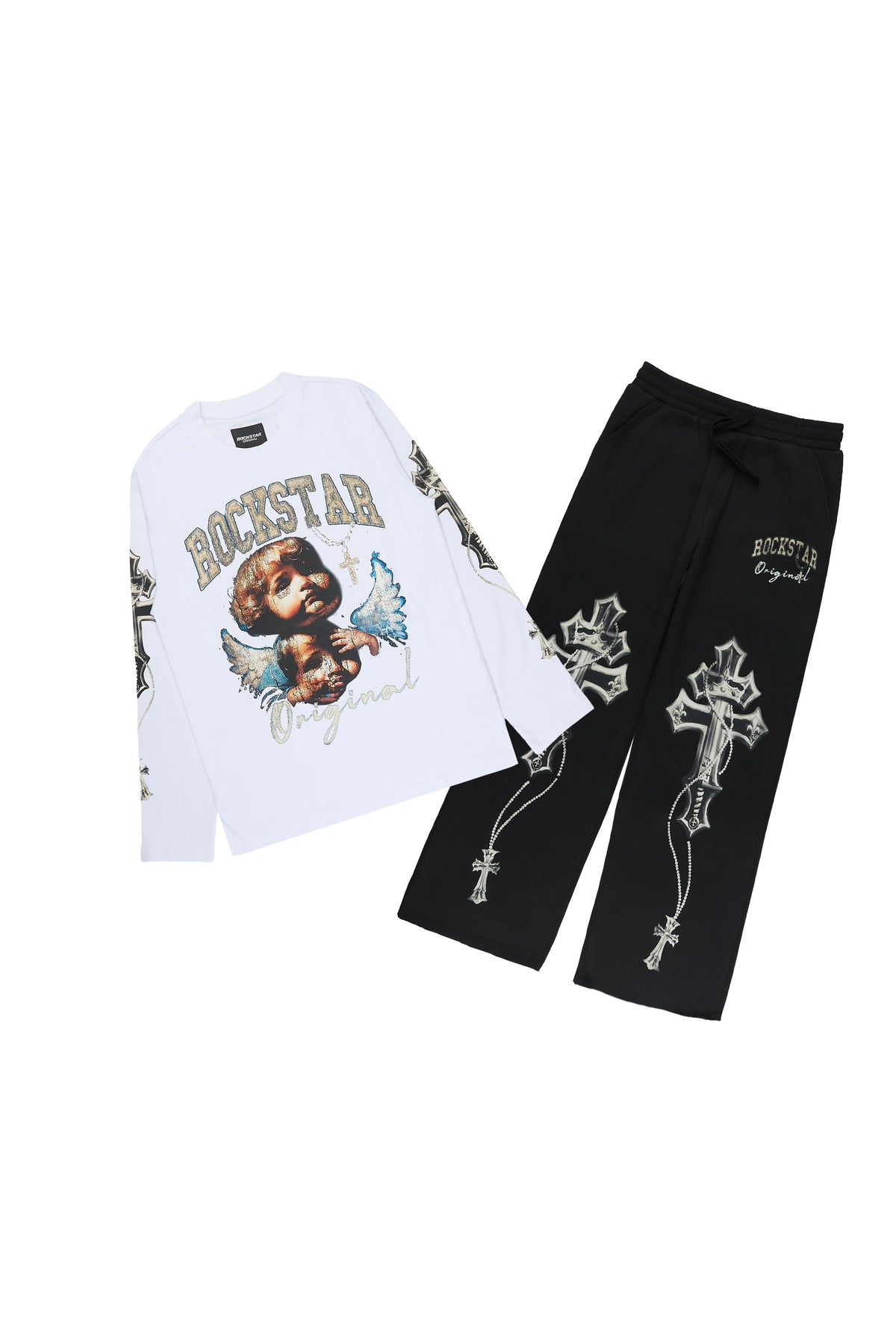 Boys Deiter White/Black Long Sleeve Graphic T-Shirt Track Set