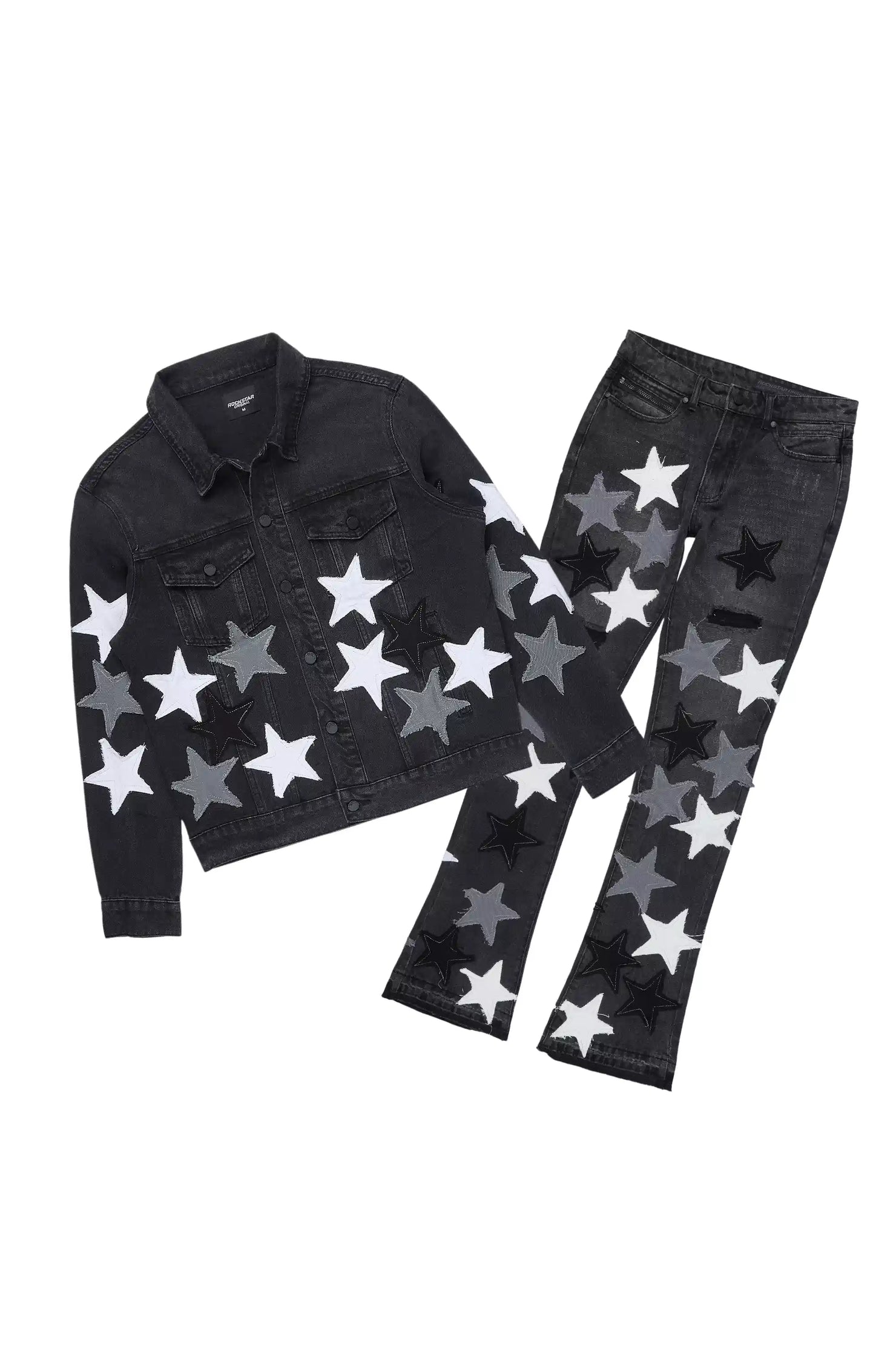 Starlane Jet Black Denim Jacket/Stacked Flare Jean Set