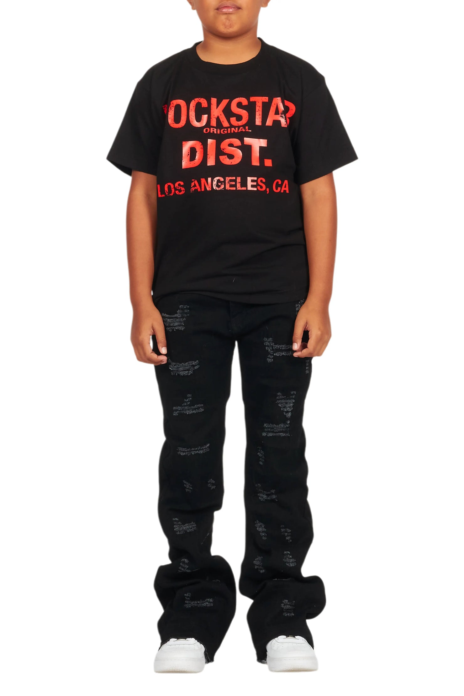 Boys Lake Black/Red T-Shirt/Stacked Flare Jean Set