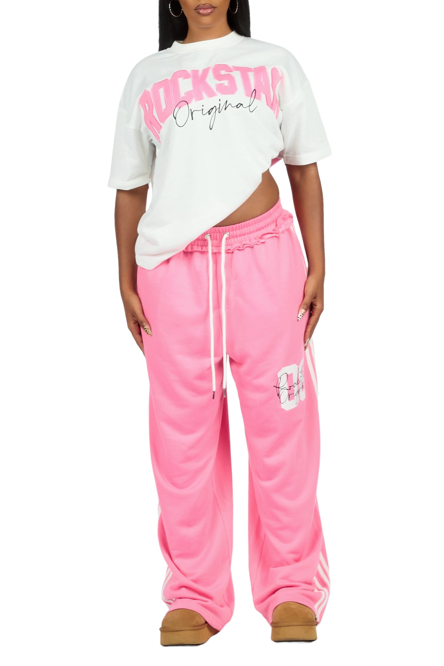 Cheyane White/Pink French Terry Chenille Tee/ French Terry Relaxed Track Set