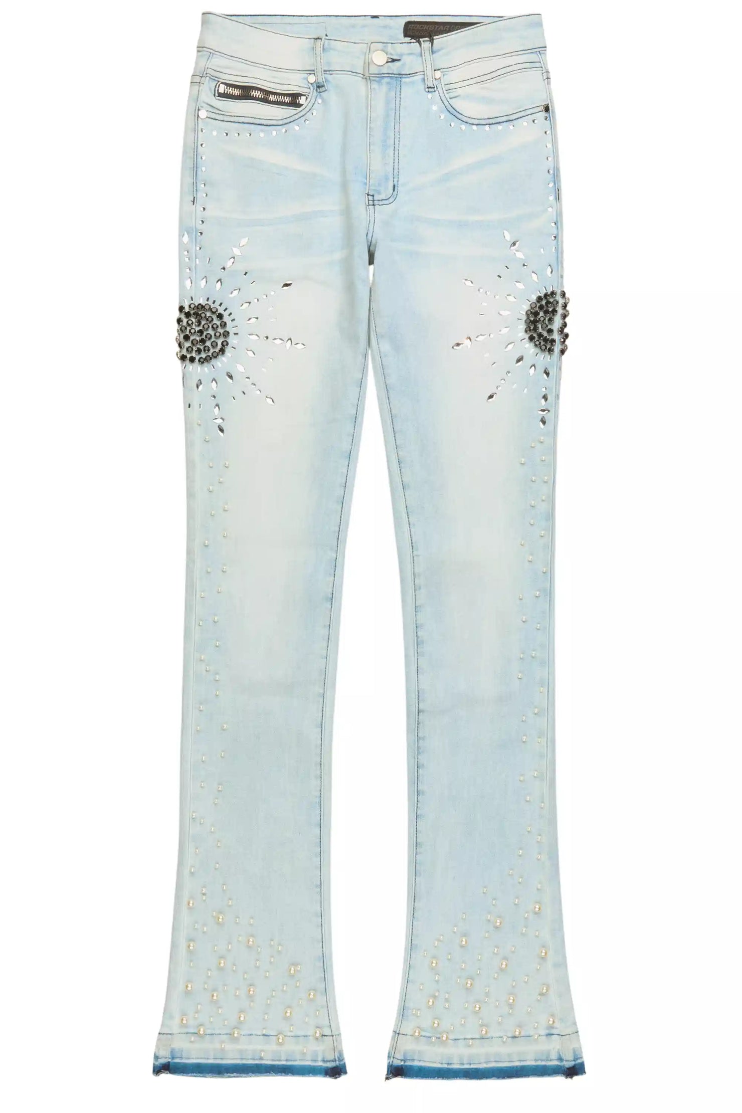 Tryst Light Blue Rhinestone Stacked Flare Jean