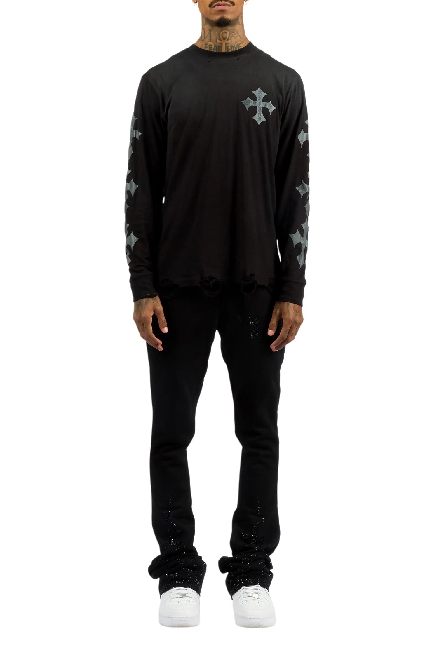 Pyrel Black/Black Rhinestone Stacked Flare Pant