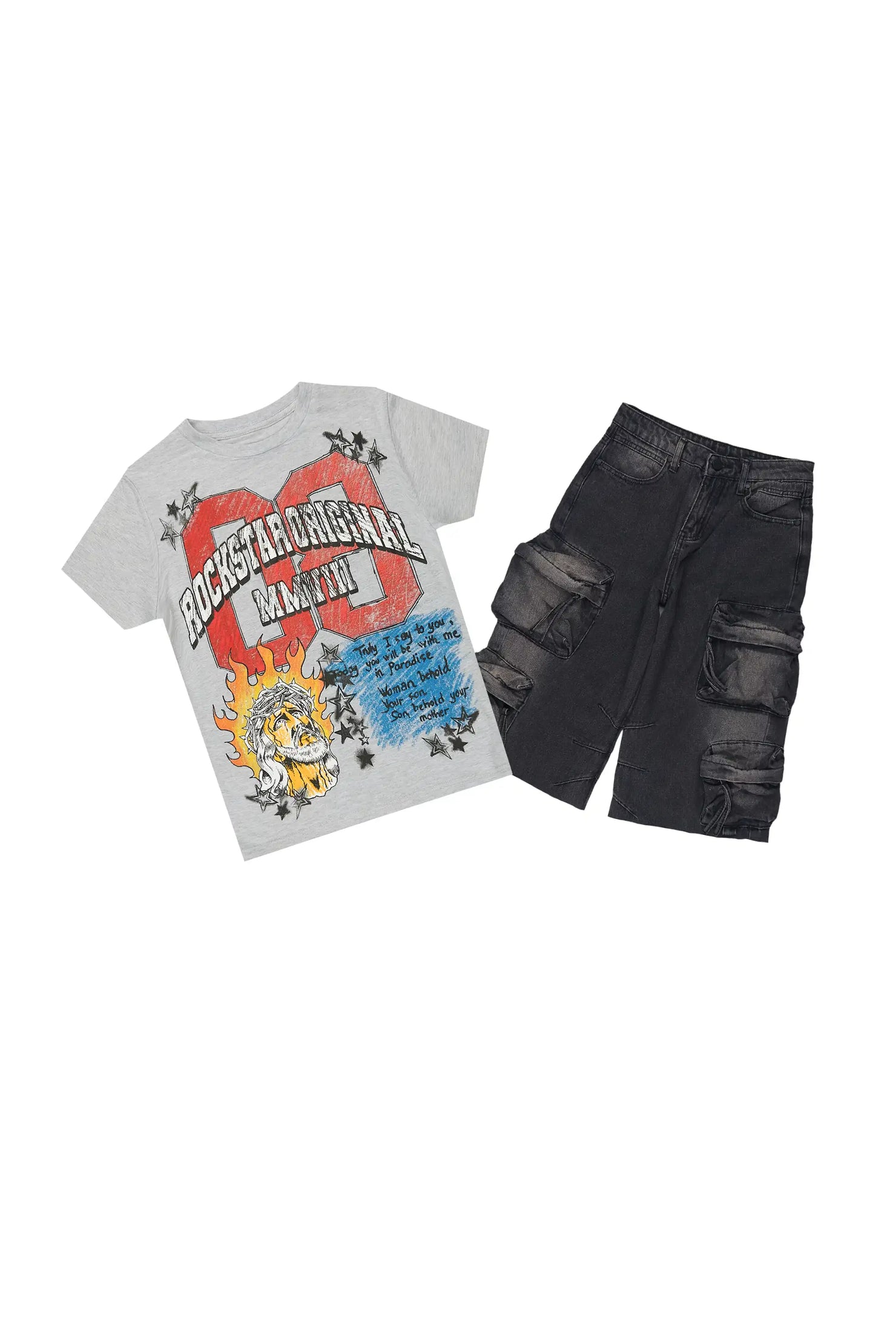 Boys Jesus Crayon Grey/Black T-Shirt/Denim Jort Set