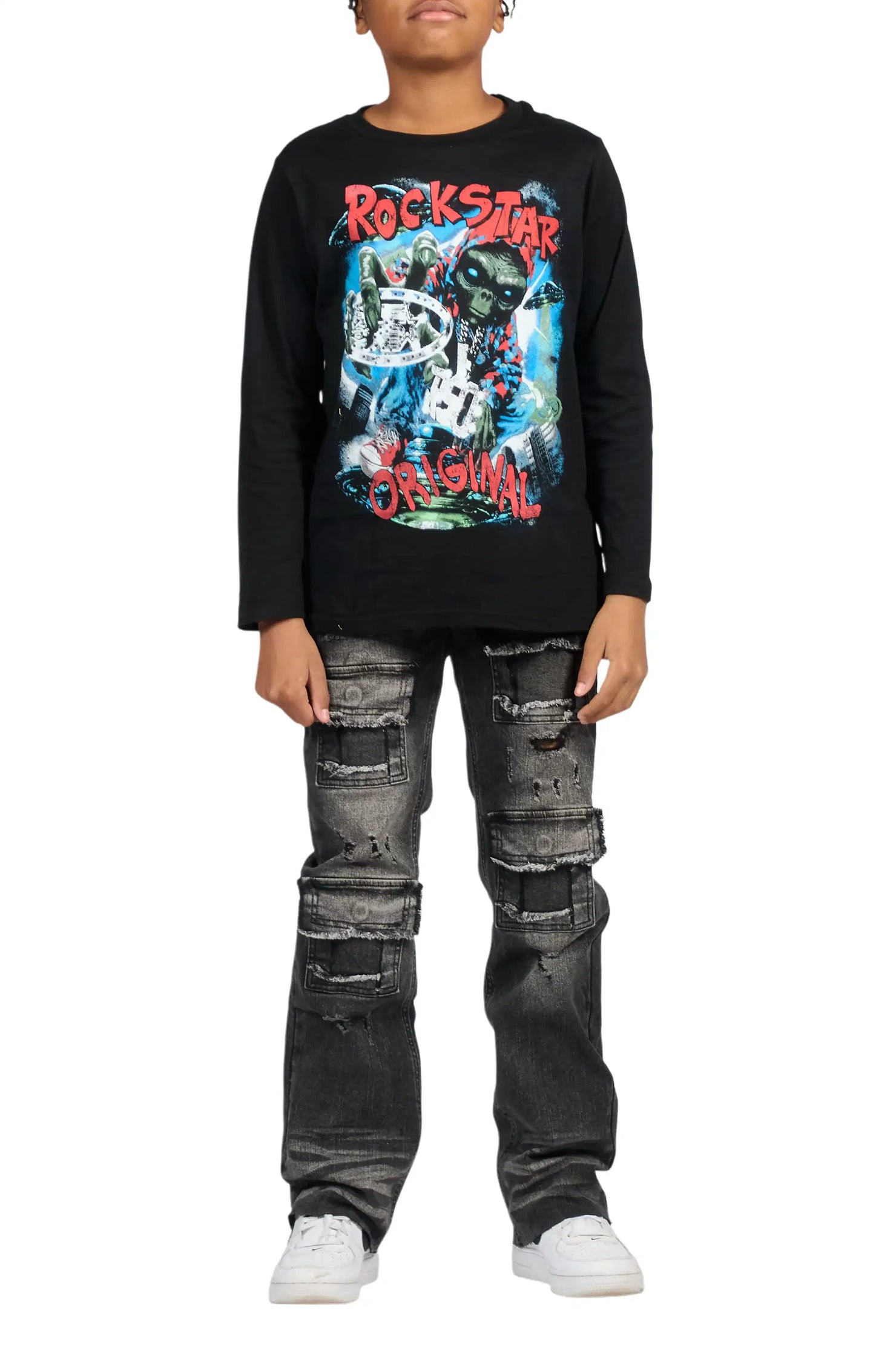 Boys Petrus Black Stacked Flare Jean