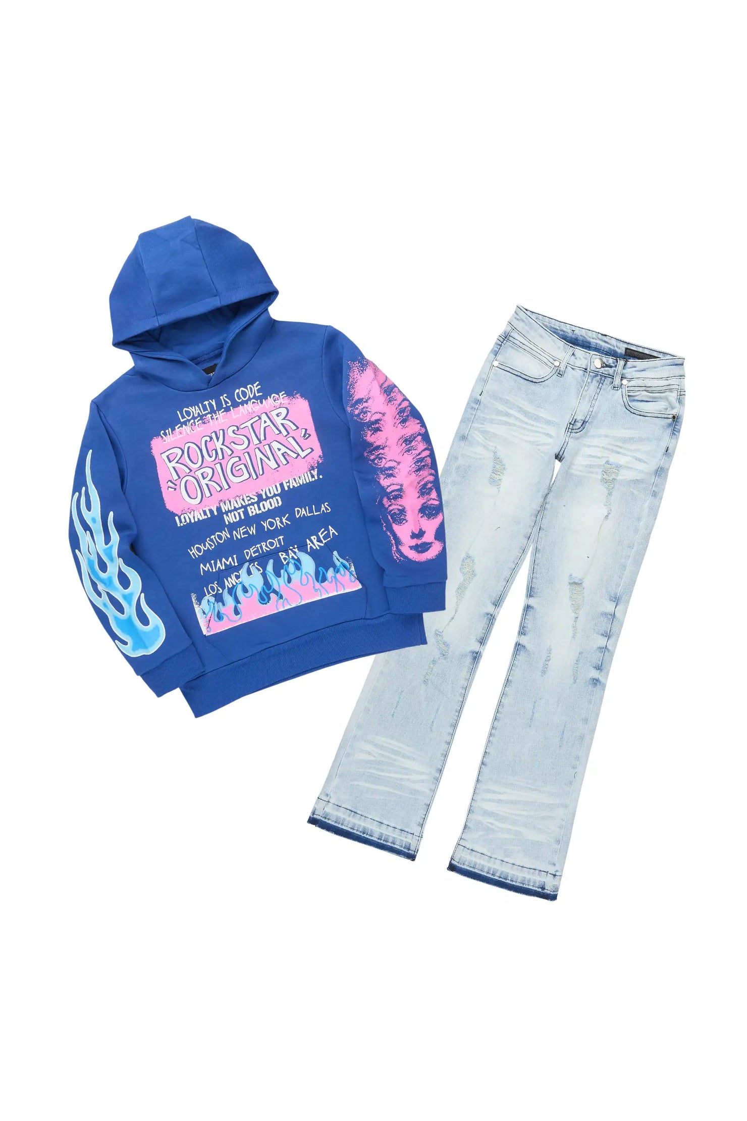Boys Beno Royal Blue Hoodie/Stacked Jean Set
