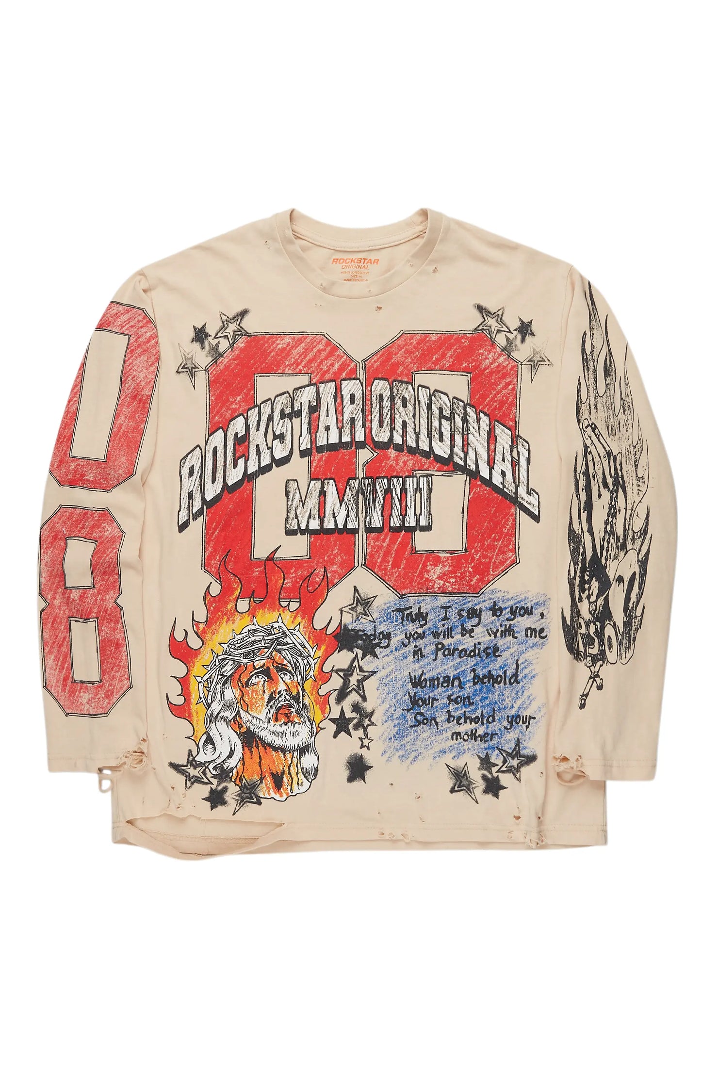 Jesus Crayon Vintage Sand Long Sleeve Graphic T-Shirt