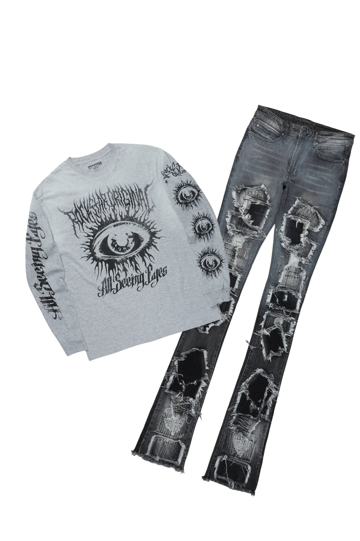 All Seeing Eyes Grey Long Sleeve T-Shirt/Super Stacked Flare Jean Bundle