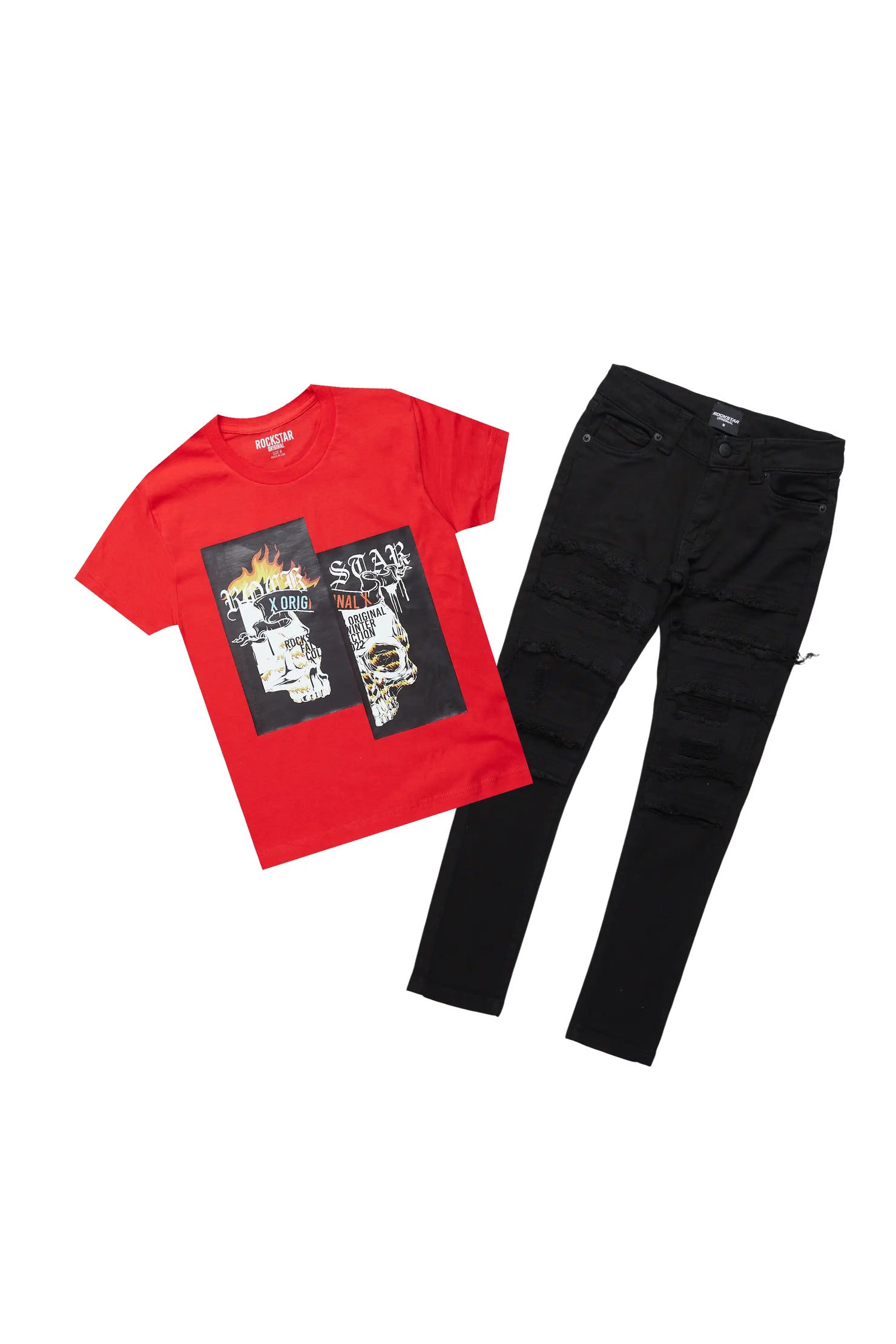 Boys Zaci Red/Black T-Shirt/Frayed Jean Set