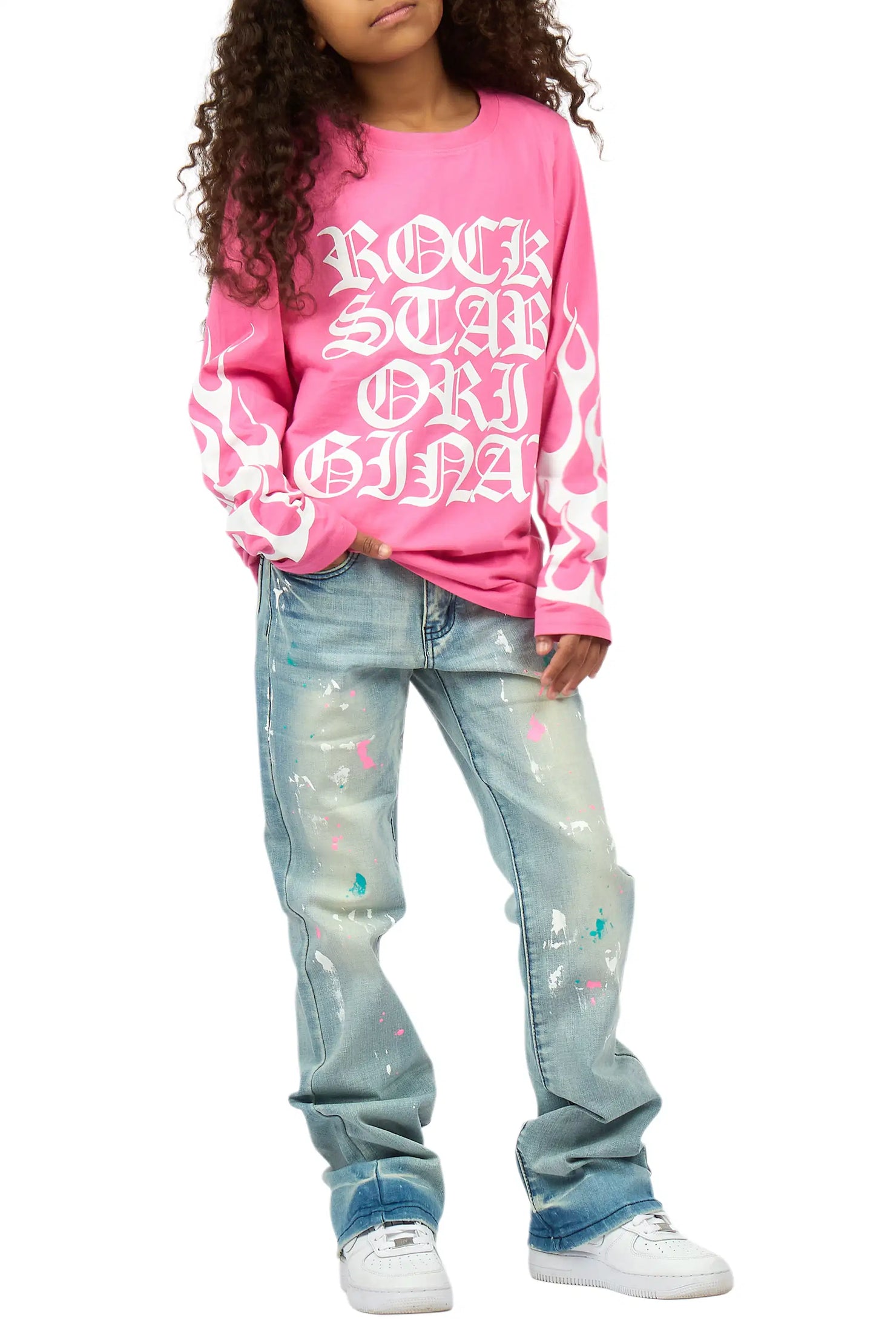 Girls Ariella Pink/Blue Long Sleeve T-Shirt Stacked Jean Set