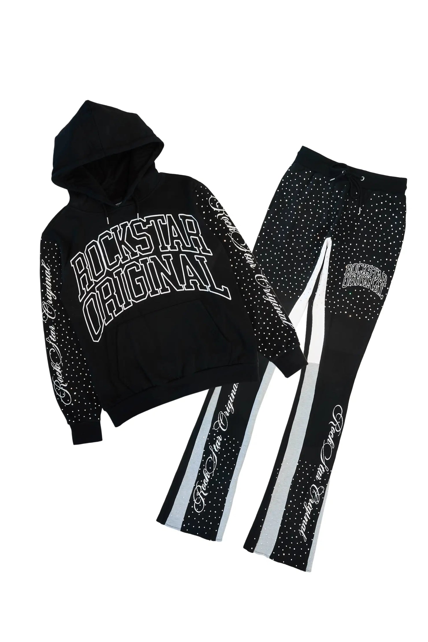 Dripped Black/Clear Rhinestone Hoodie/Stacked Flare Track Set