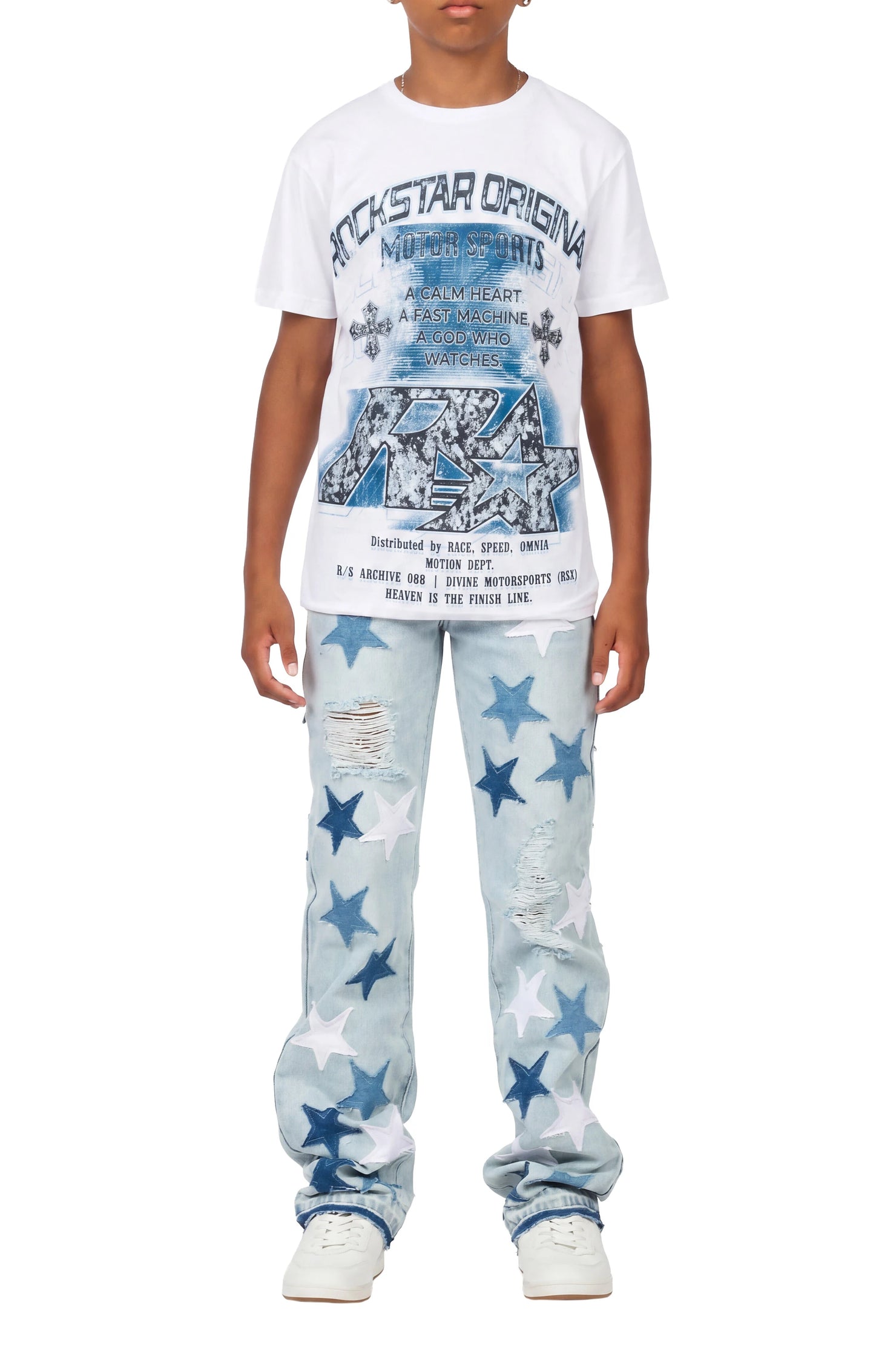 Boys Byson White/Blue T-Shirt Patchwork Jean Set