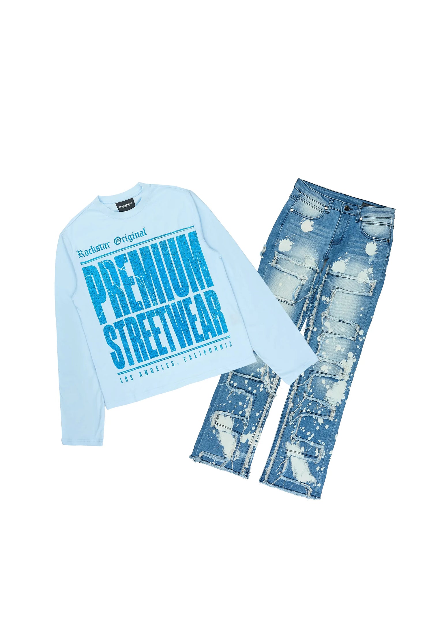 Boys Pluto Light Blue/Blue Long Sleeve T-Shirt Stacked Jean Set