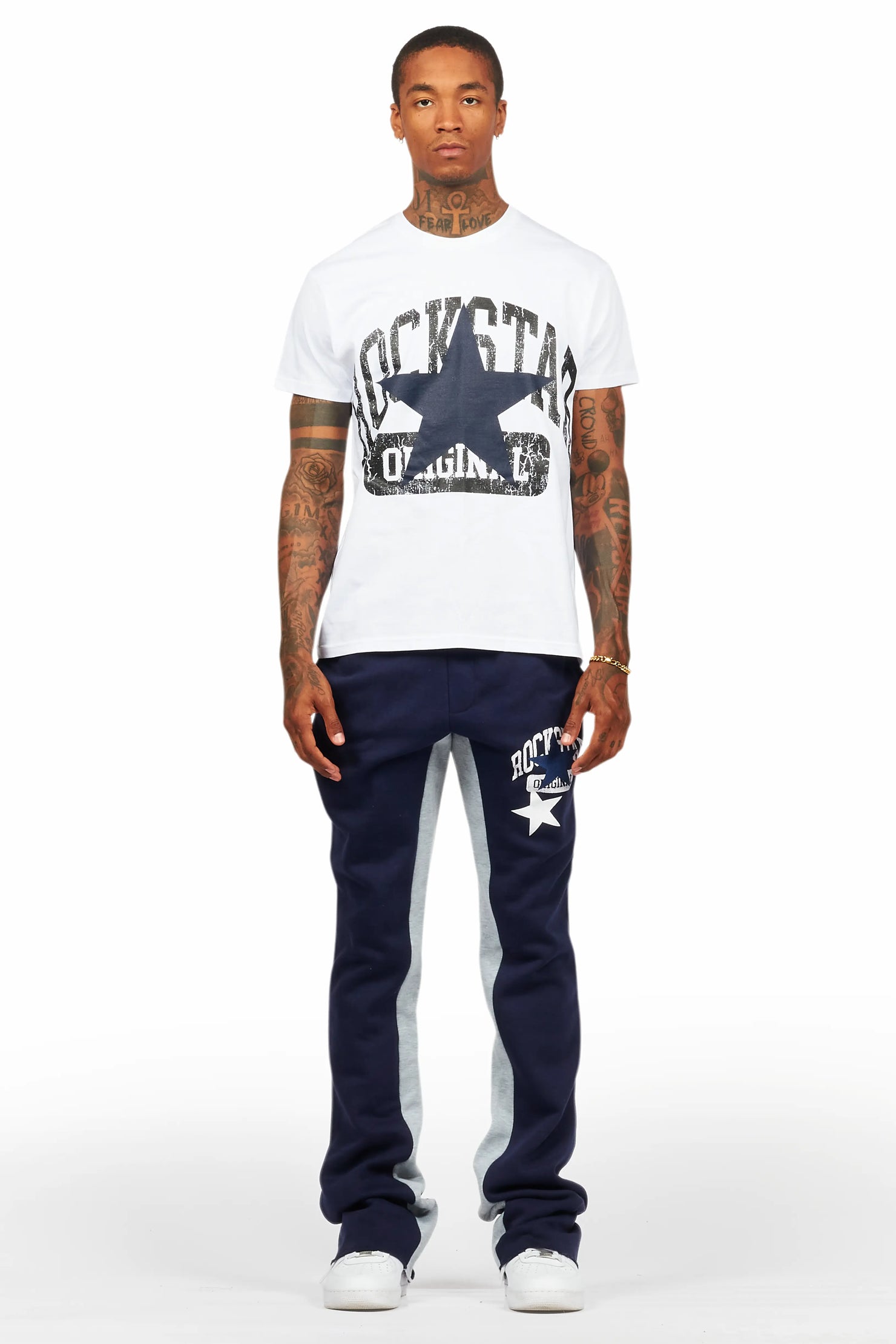 Mallor White/Navy T-Shirt/Stacked Baggy Track Pant Set