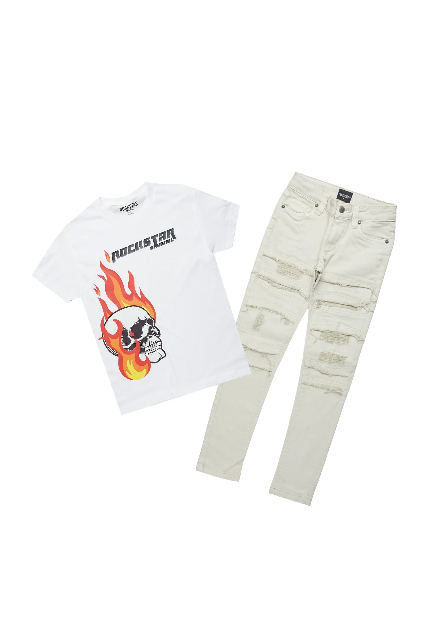 Boys Tahir White T-Shirt/Skinny Frayed Jean Set