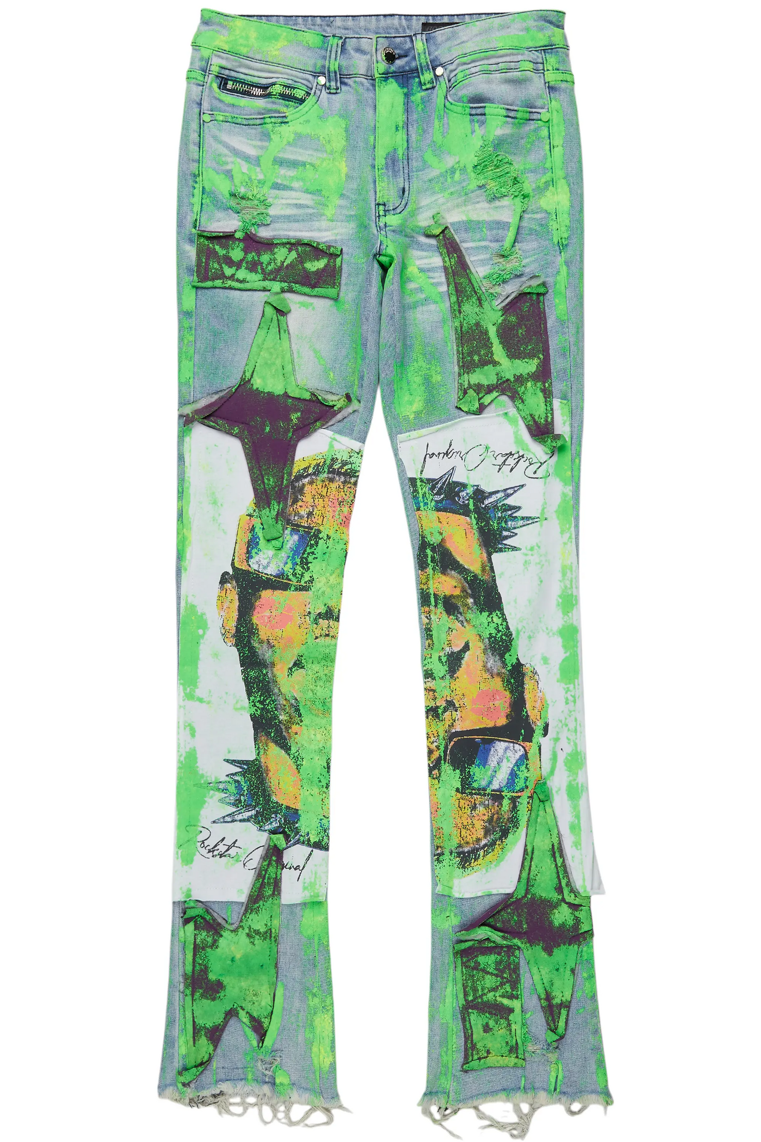 Savier Blue/Green Roller Paint Stacked Flare Jean