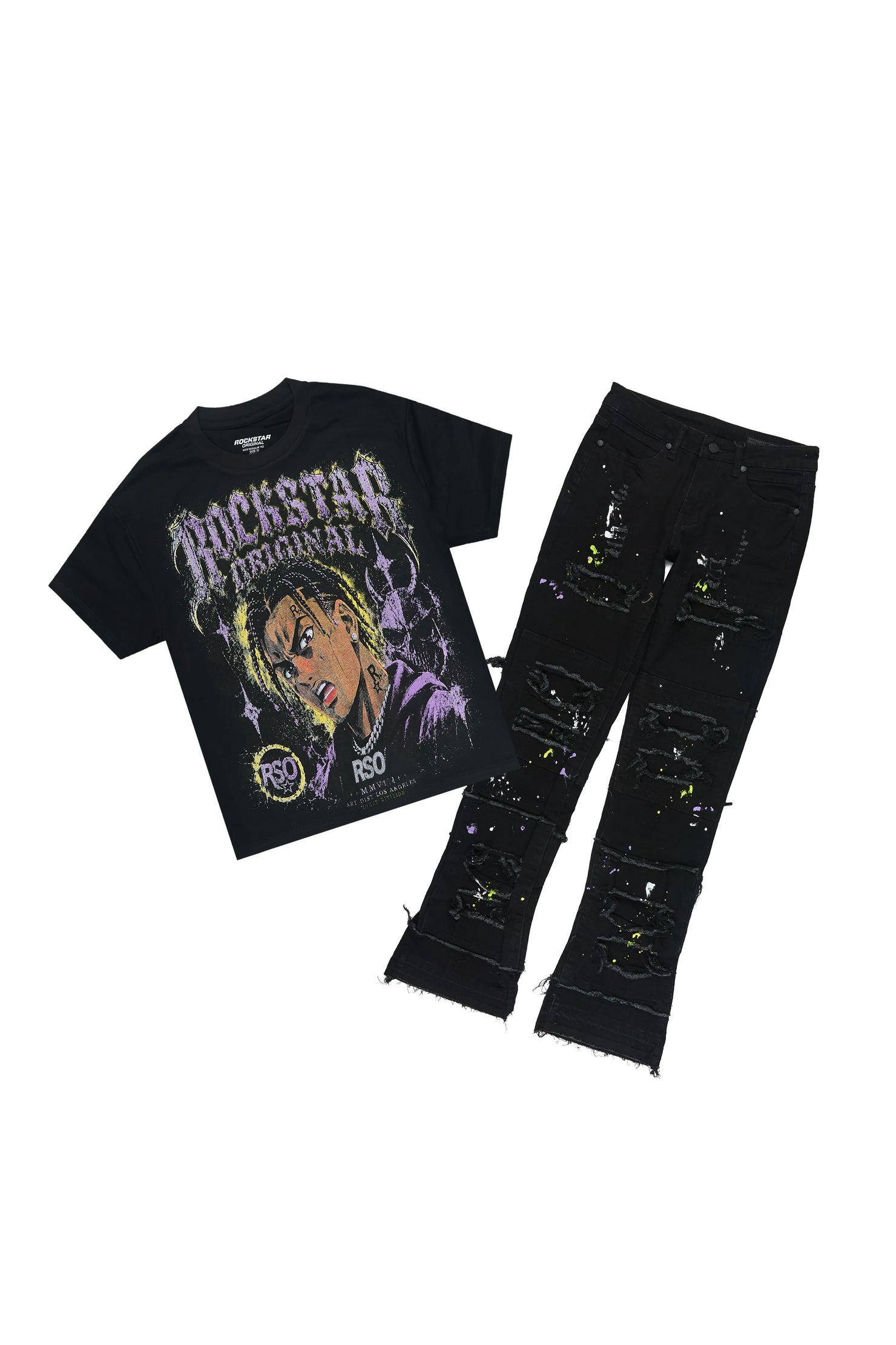 Boys Torell 2.0 Black T-Shirt Painter Stacked Jean Set