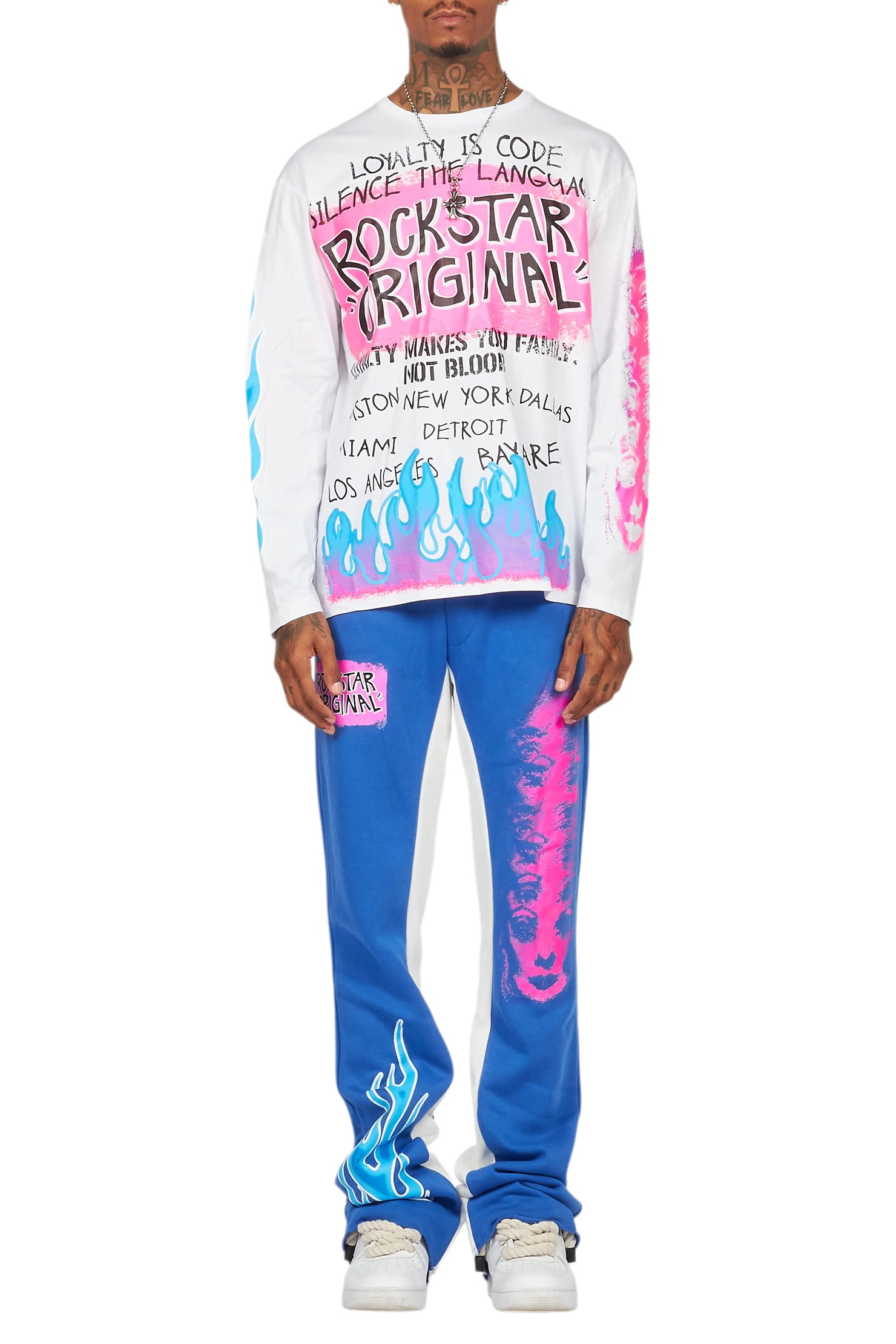 Beno White/Royal Long Sleeve T-Shirt/Baggy Pant Set