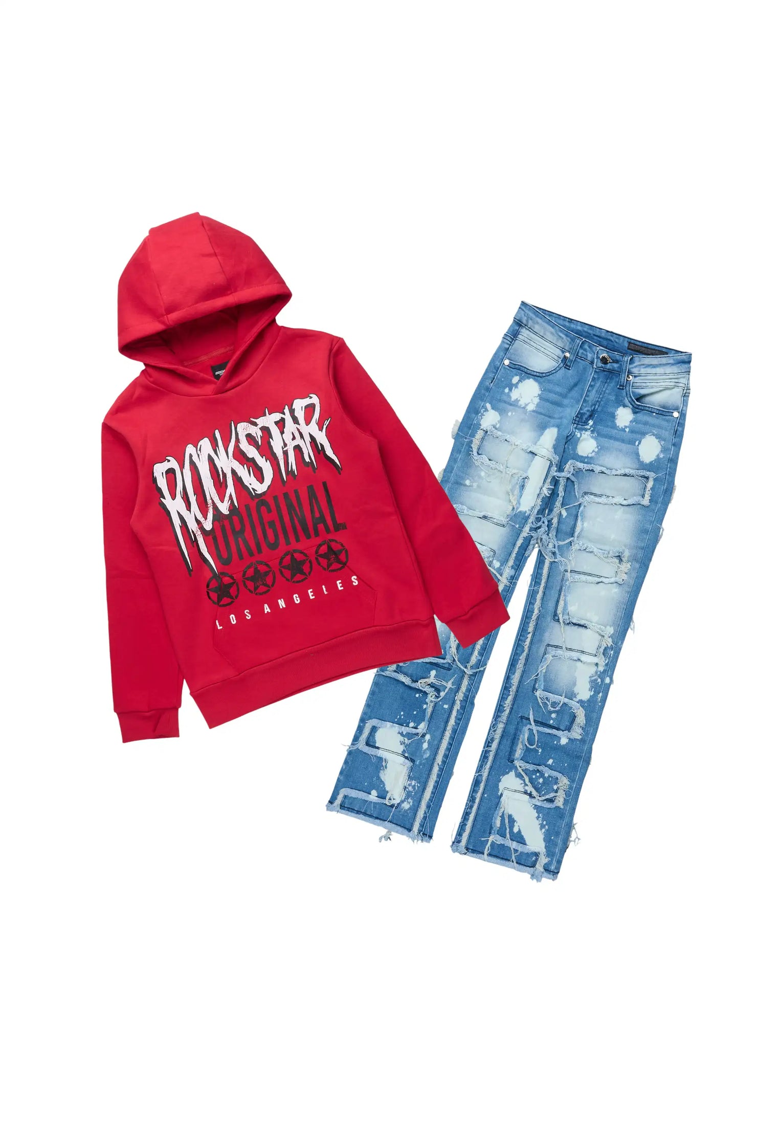 Boys Wizzurd Red Hoodie & Laban Blue Bleach Stacked Jean Set