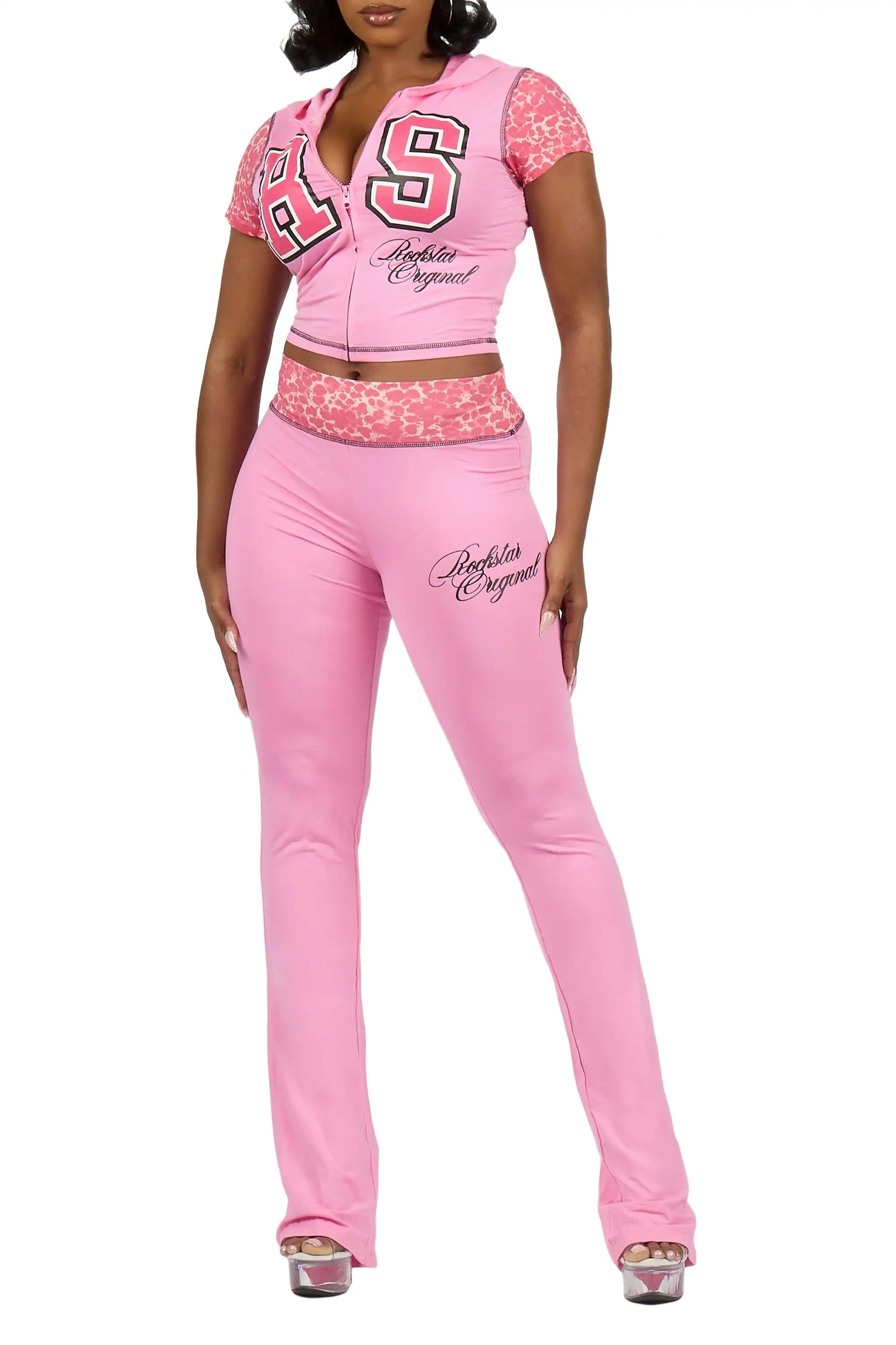 Kateya Pink/Cheetah Short Sleeve Zip Up Track Set