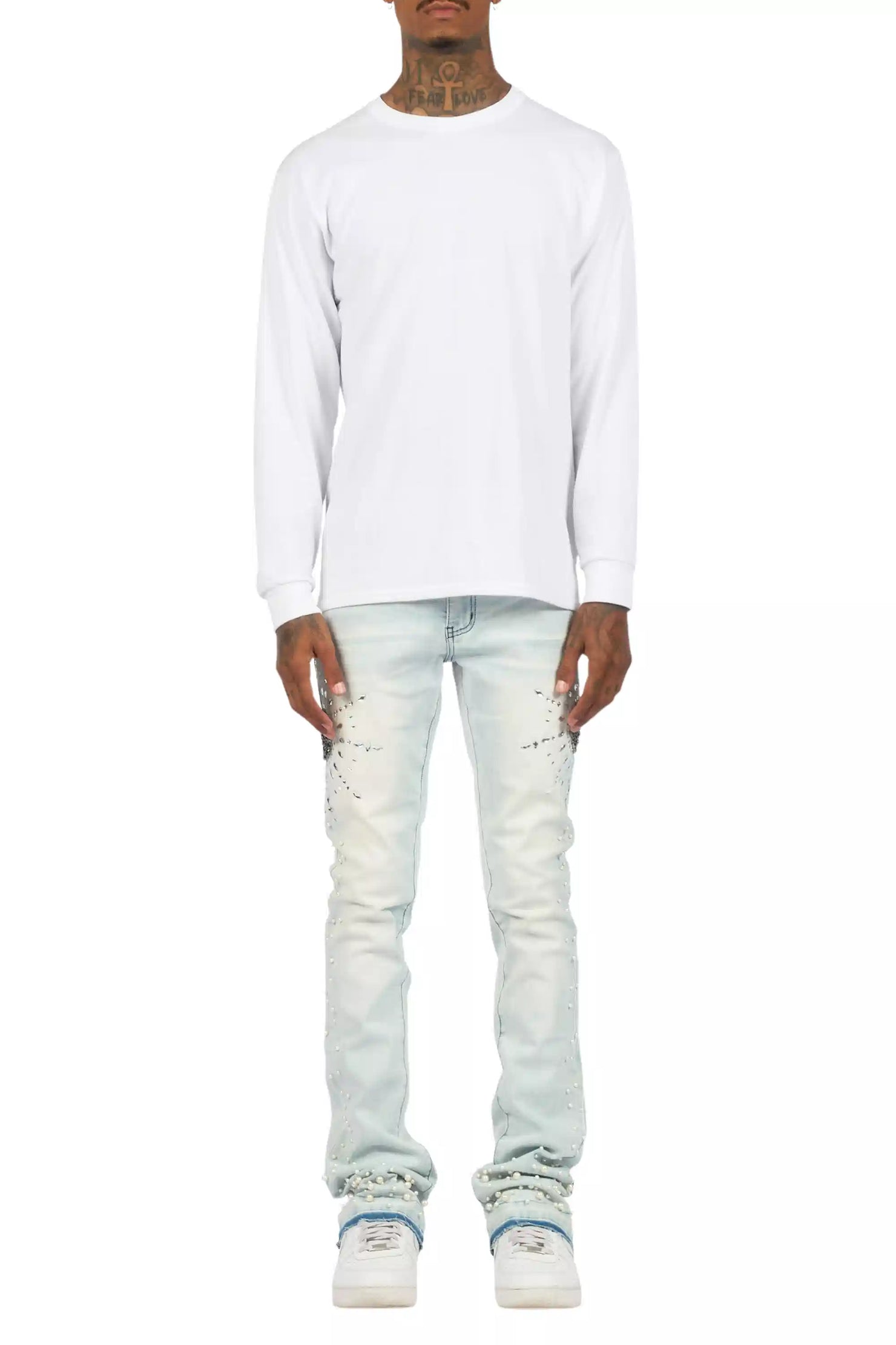 Tryst Light Blue Rhinestone Stacked Flare Jean
