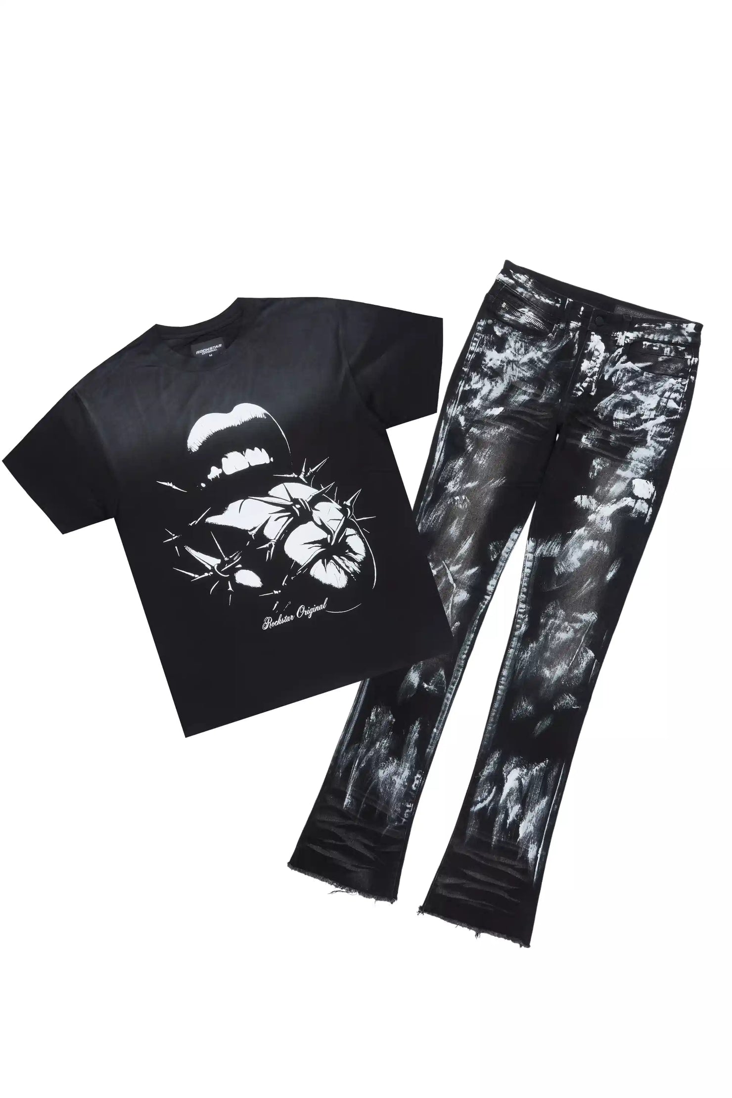 Schmear Black Oversized Graphic T-Shirt/Painted Stacked Flare Jean Bundle