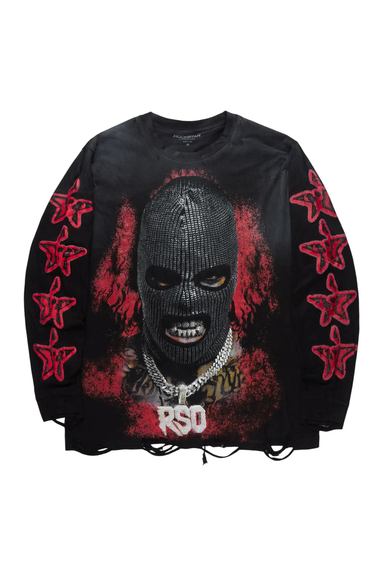 Tyvion Black/Red Long Sleeve Distressed Graphic T-Shirt