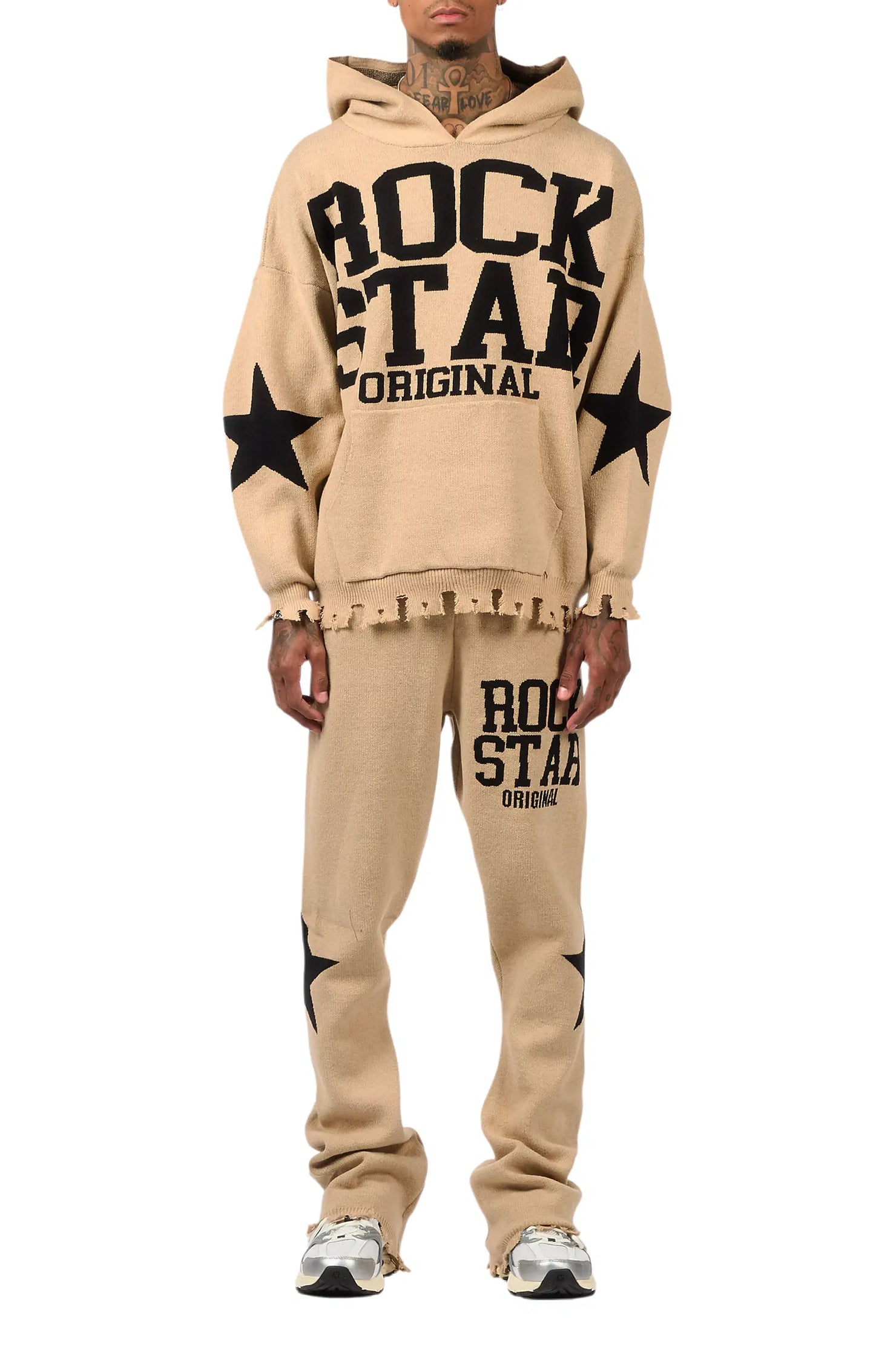 Outlaw Beige Hoodie Stacked Flare Knitted Set