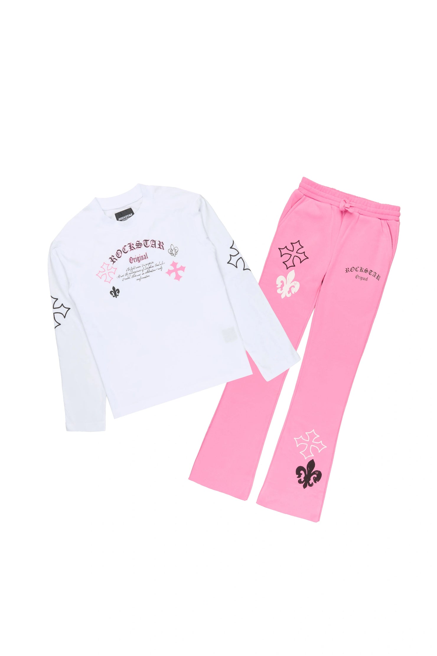 Girls Deshunique White/Pink Long Sleeve T-Shirt Track Set