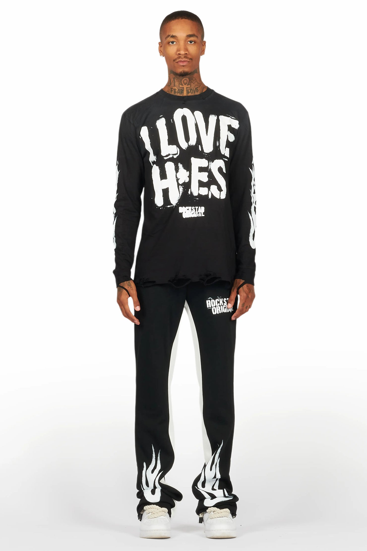 Banyan Black/White Long Sleeve T-Shirt/Stacked Baggy Track Pant Set