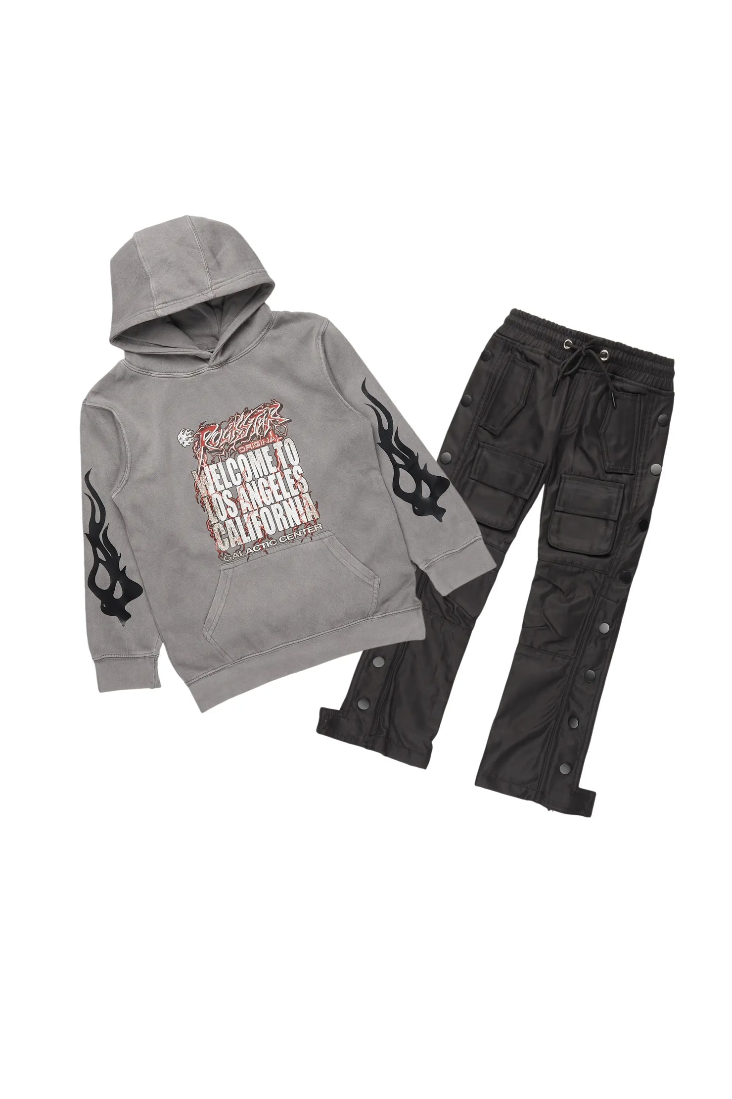 Boys Damyan Vintage Grey Hoodie/Stacked Flare Nylon Pant Set