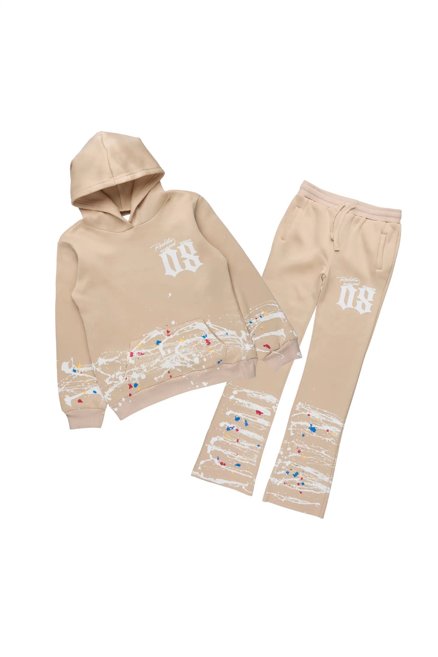 Boys Horia Beige Hoodie/Stacked Flare Track Set