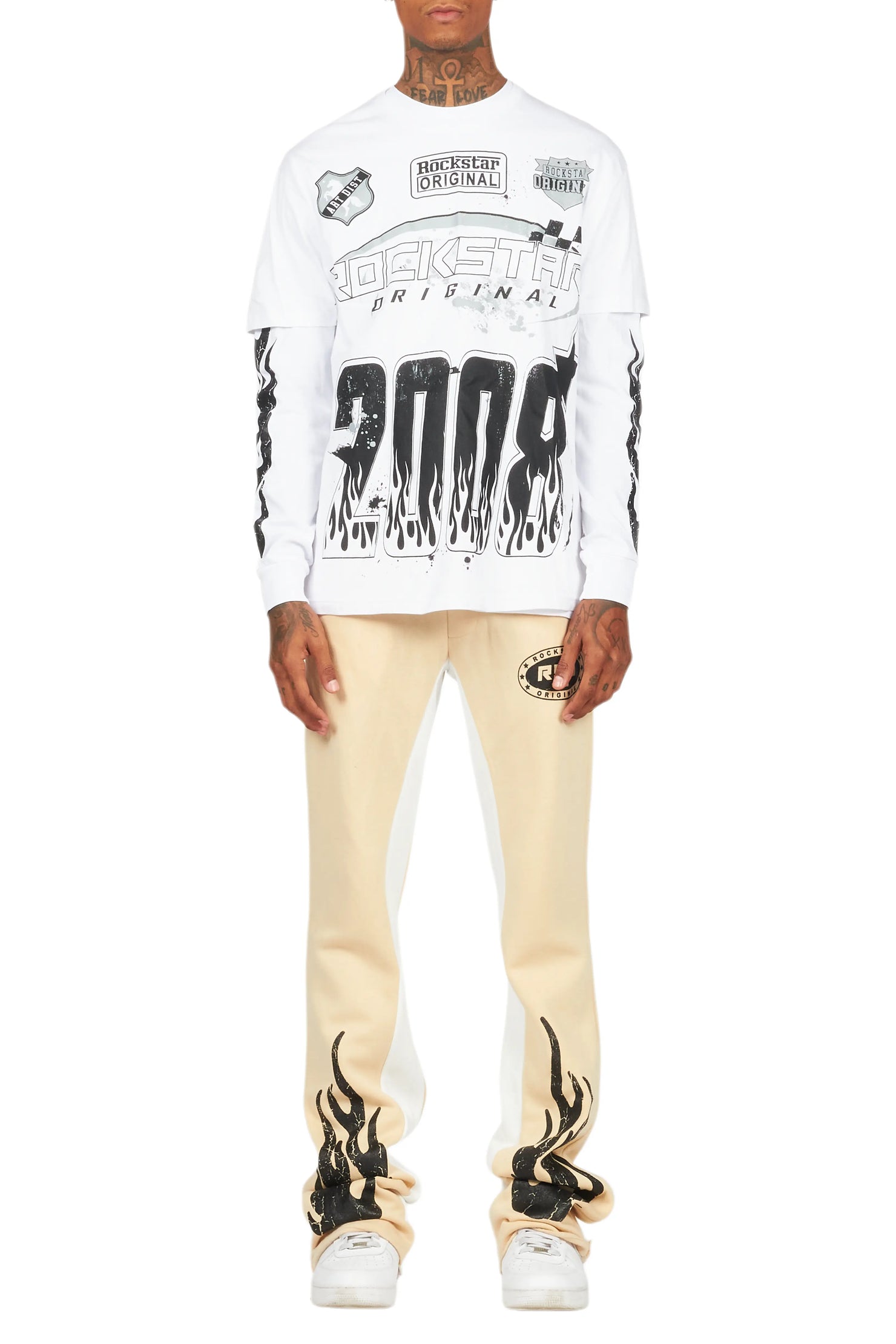 Amos White/Beige Double Layer T-Shirt/Stacked Baggy Pant Set