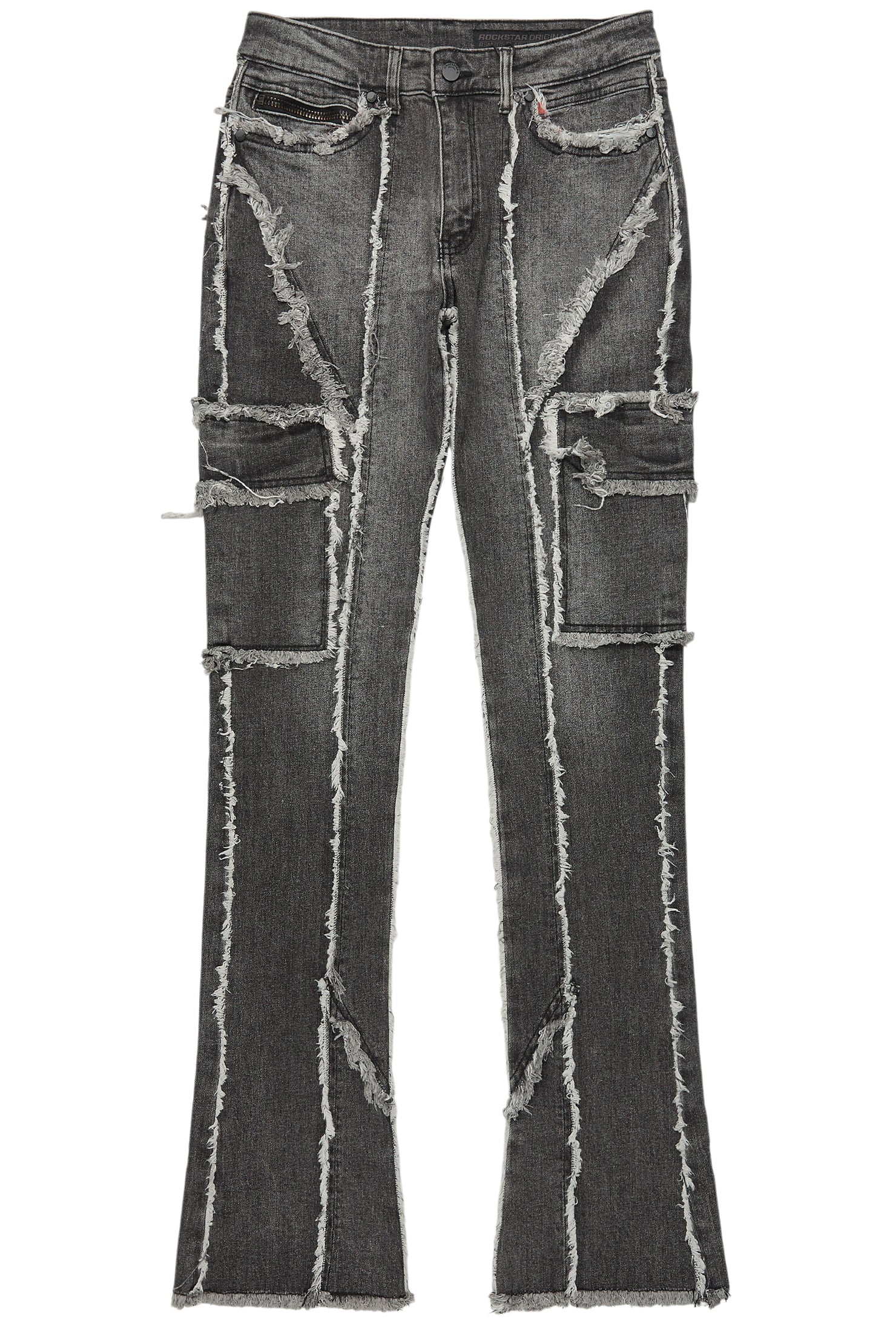 Revved Dark Grey Stacked Flare Jean