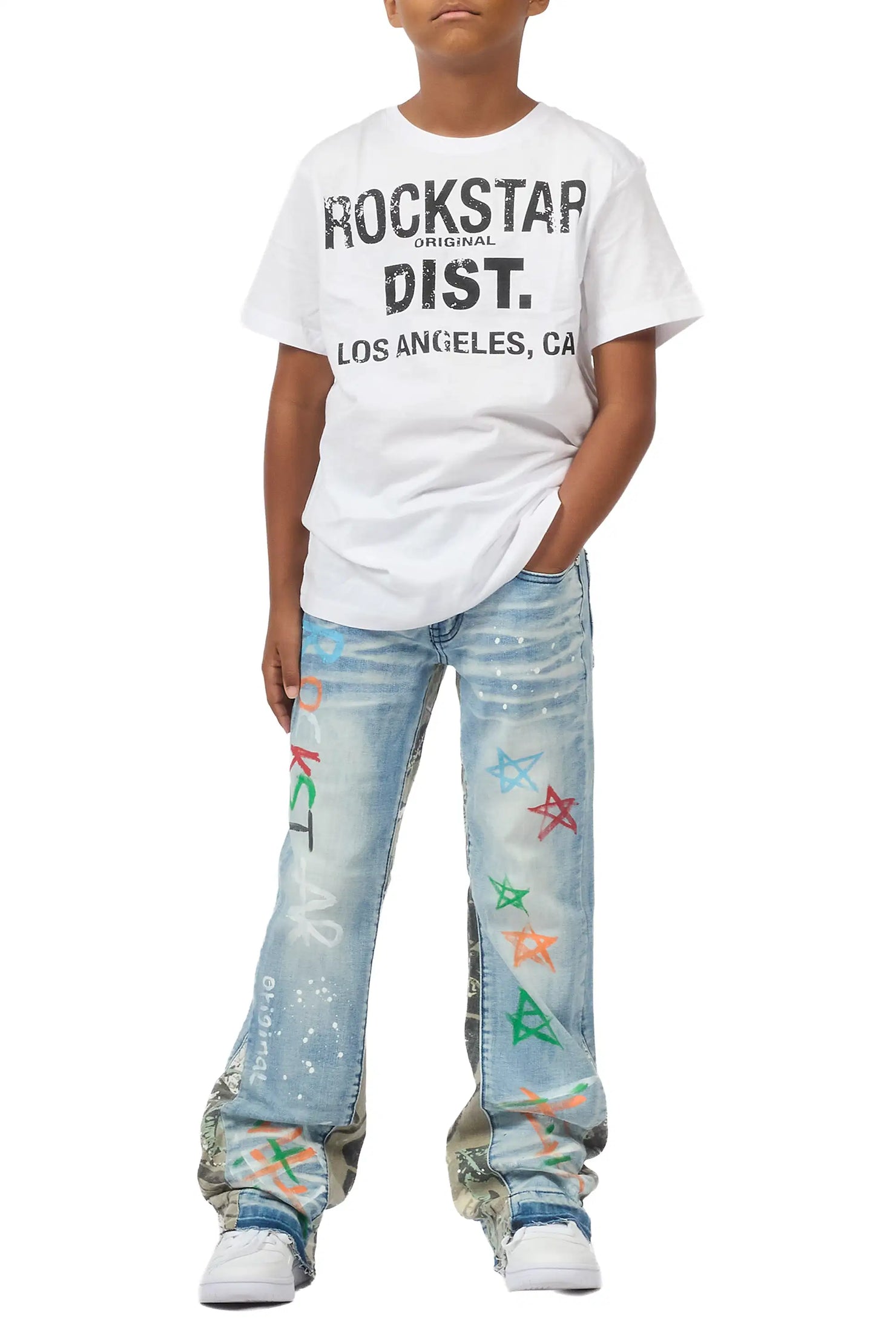 Boys Strass Blue Painted Stacked Flare Jean