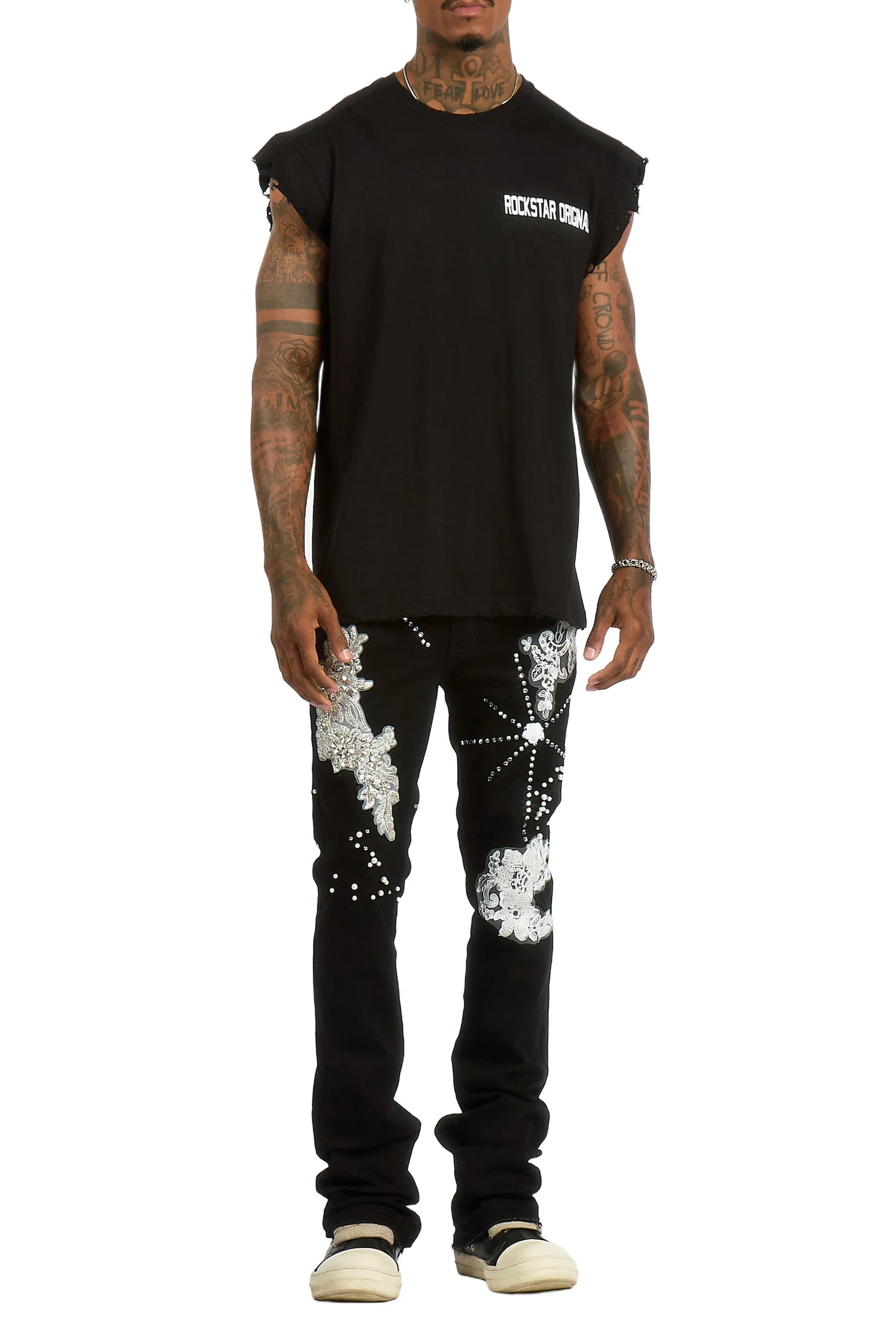 Yezen Black Rhinestone Stacked Fit Jean