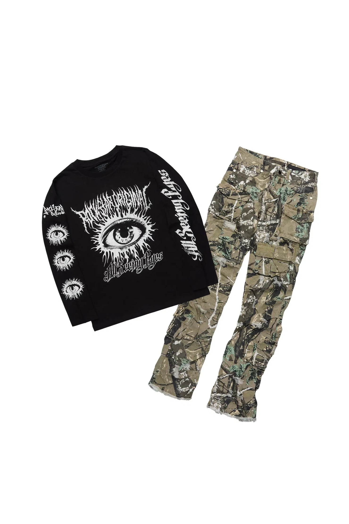 Boys Amos Black L/S T-Shirt & Gentry Camo Stacked Jean Set