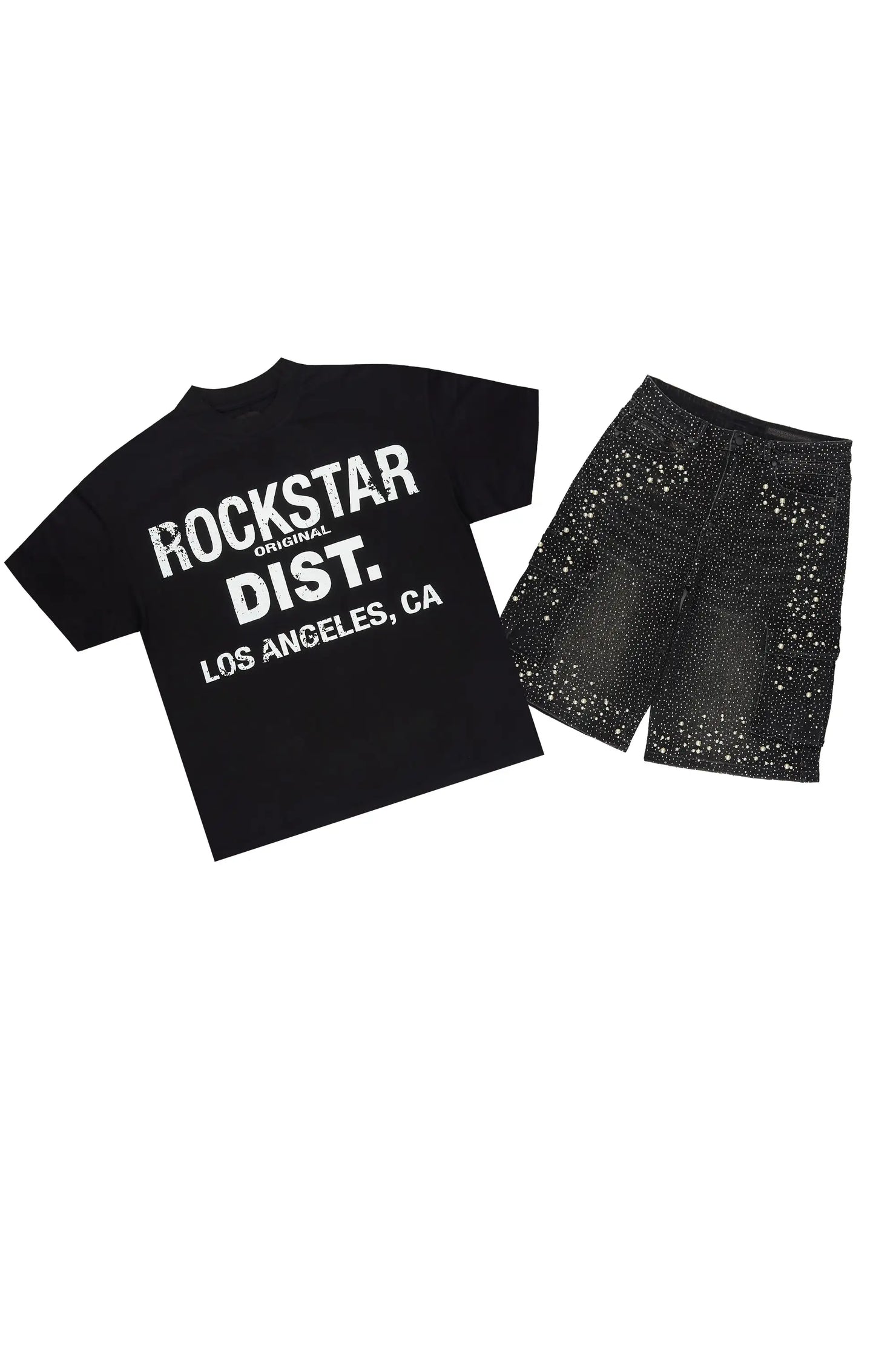Sevyn Black/Black Rhinestone T-Shirt Denim Short Set