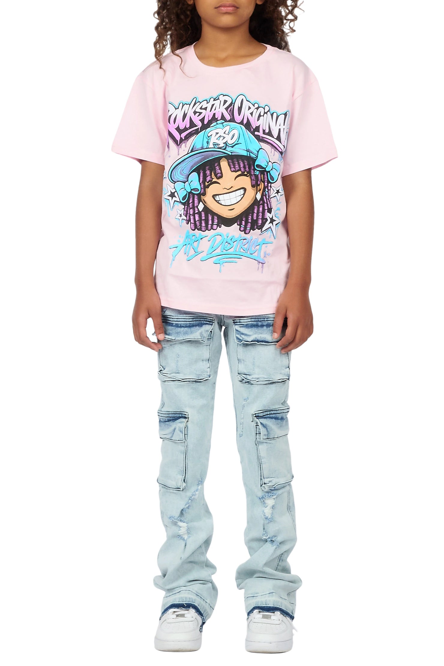 Girls Aze Pink/Light Wash T-Shirt Stacked Jean Set