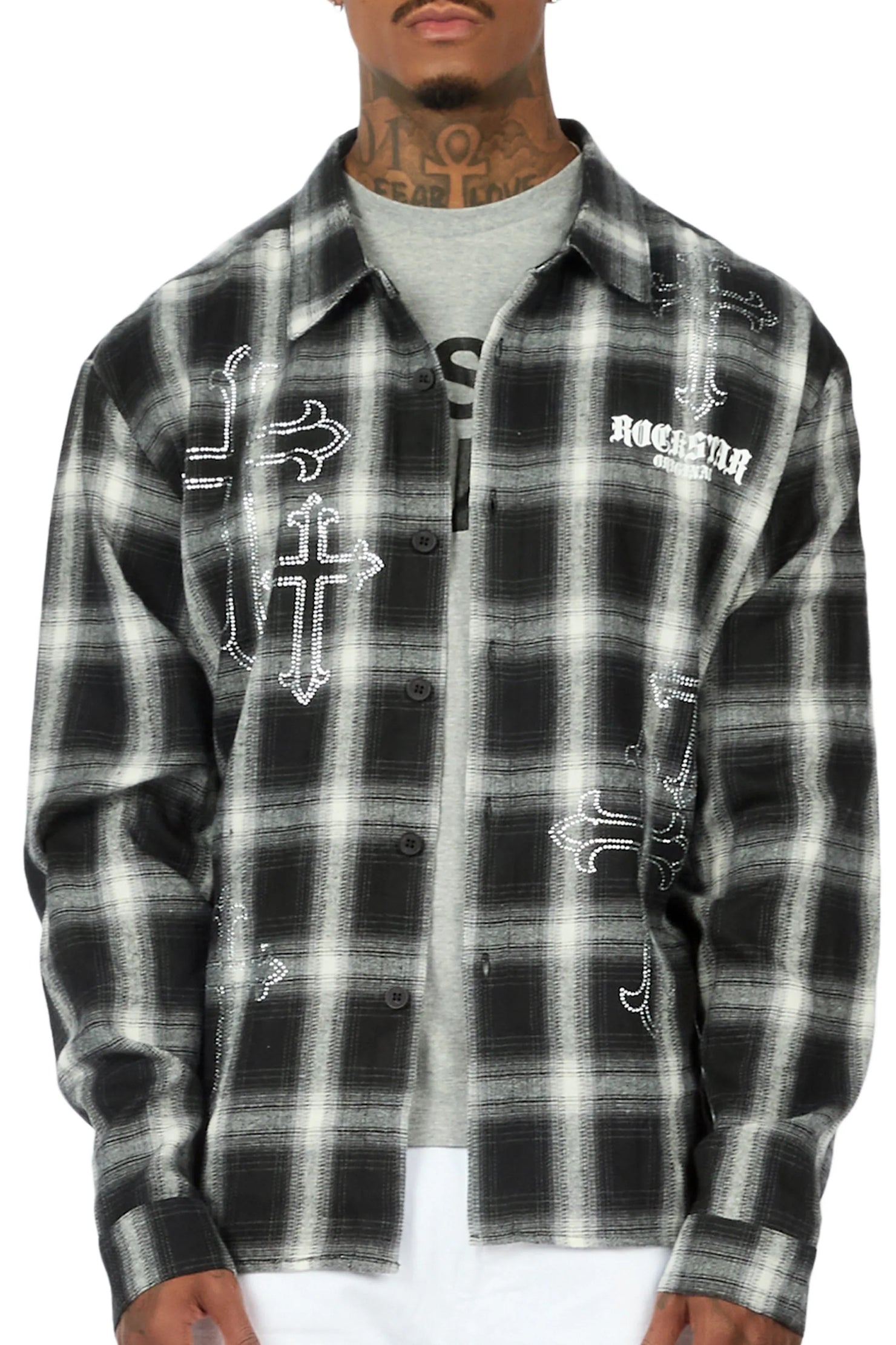 Poldi Black Rhinestone Flannel Long Sleeve Shirt
