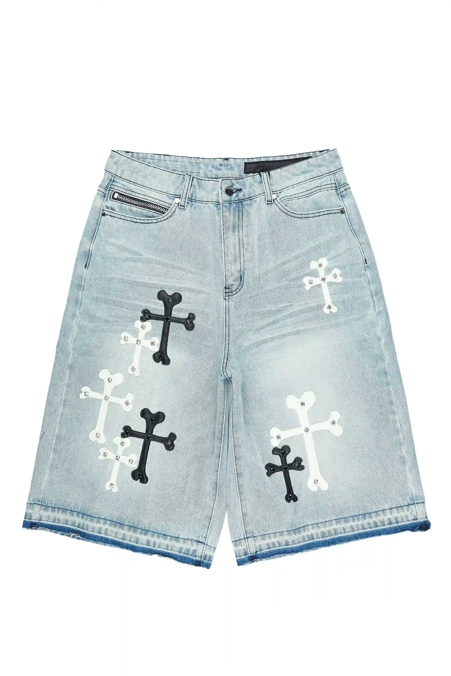 Olivier Light Blue Patch Rhinestone Denim Short