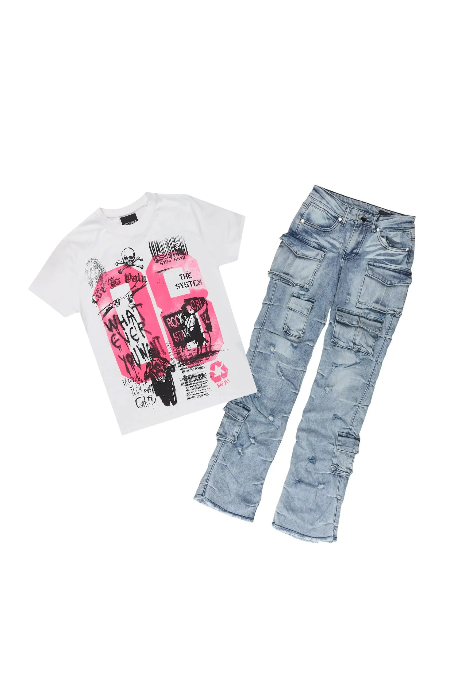 Girls Mabel White/Blue T-Shirt Stacked Jean Set